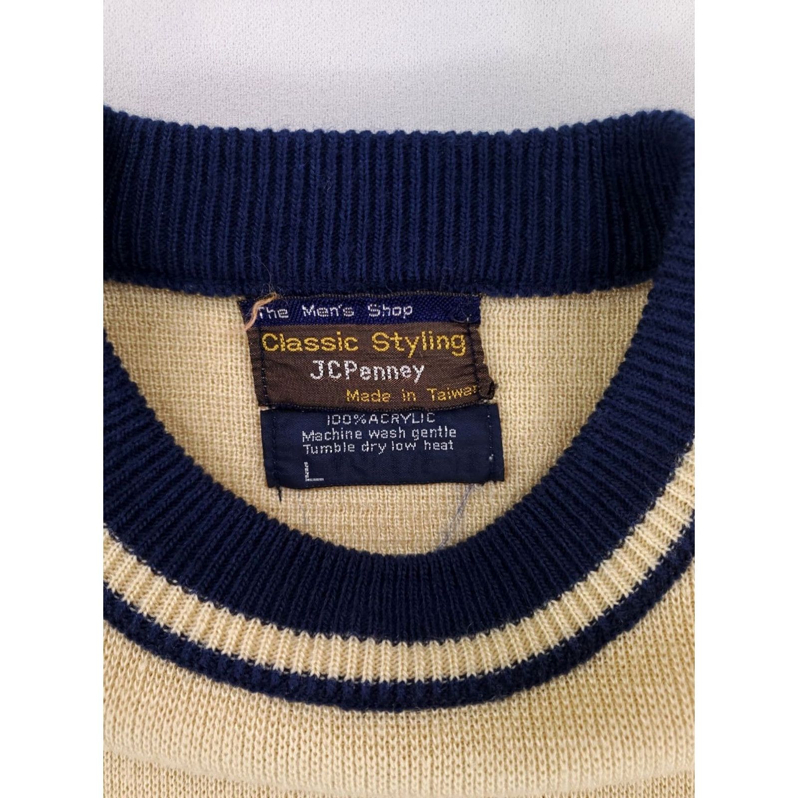 JCPenney VINTAGE JC Penney Sweater Crewneck Striped White Blue Yellow Mens L Size US L / EU 52-54 / 3 - 2 Thumbnail