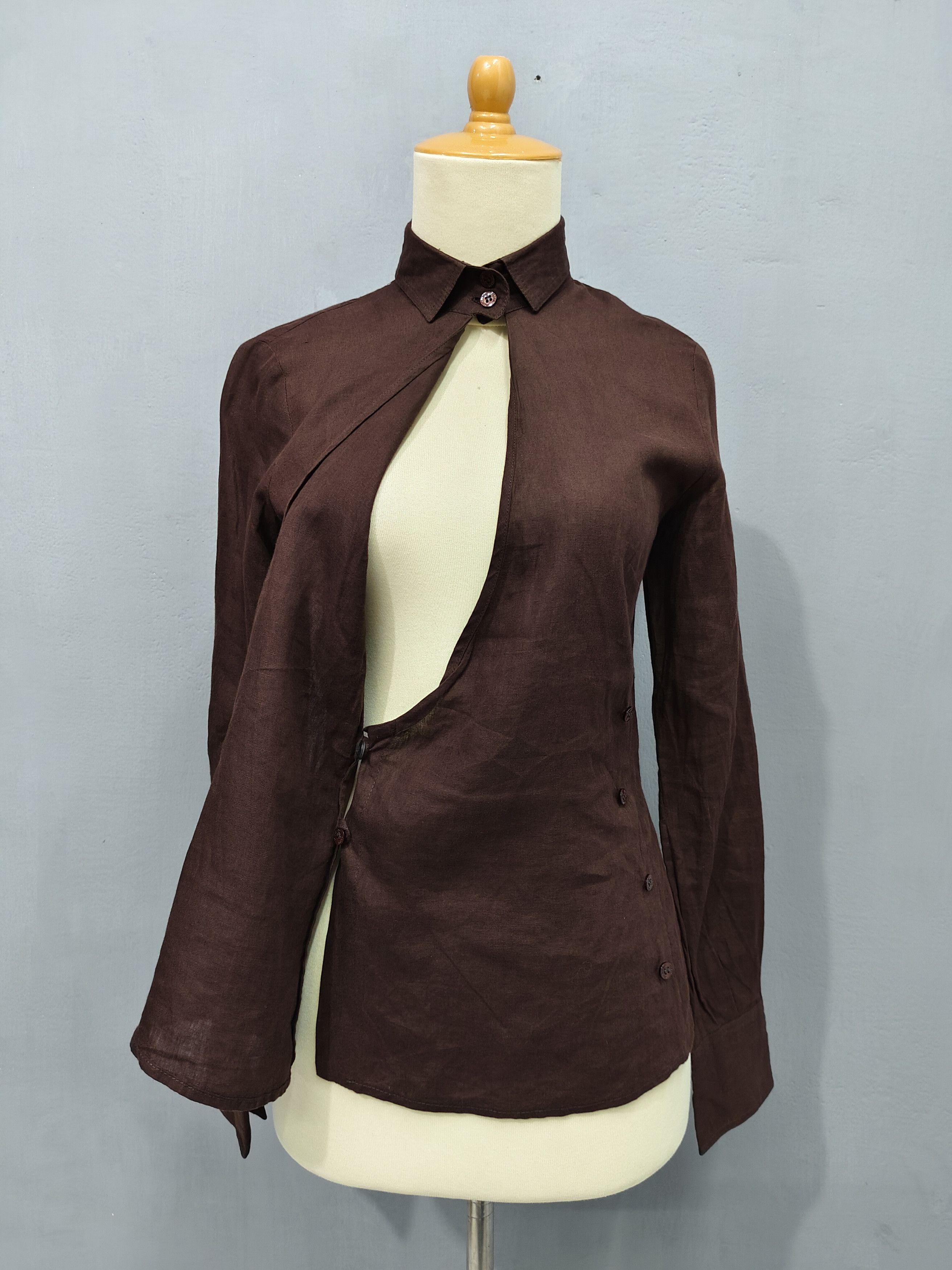Gianfranco Ferre 90s Gianfranco Ferre- Wrap Cut Out Asymmetric Linen Shirt Size M / US 6-8 / IT 42-44 - 2 Thumbnail
