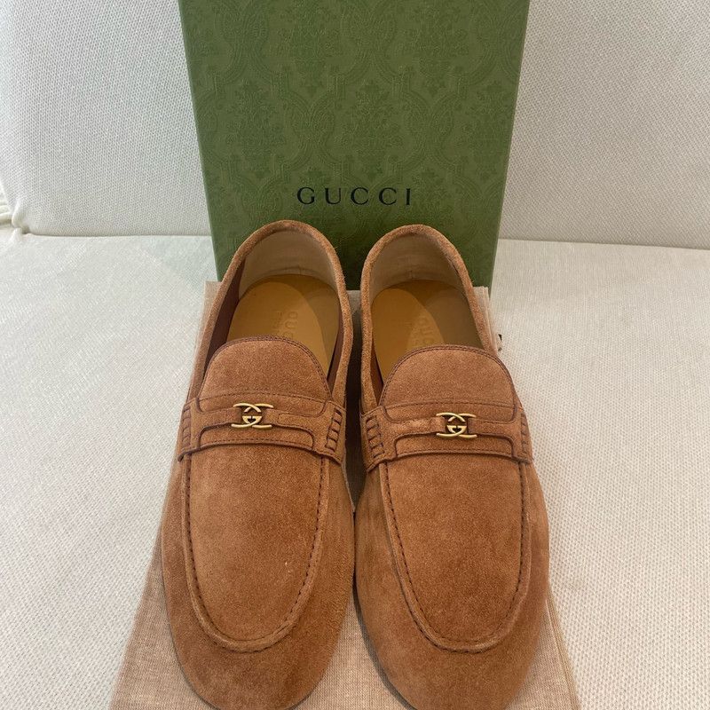Gucci Gucci Brown Suede Logo Round Toe Loafers 0079 Size US 11 / EU 44 - 1 Thumbnail