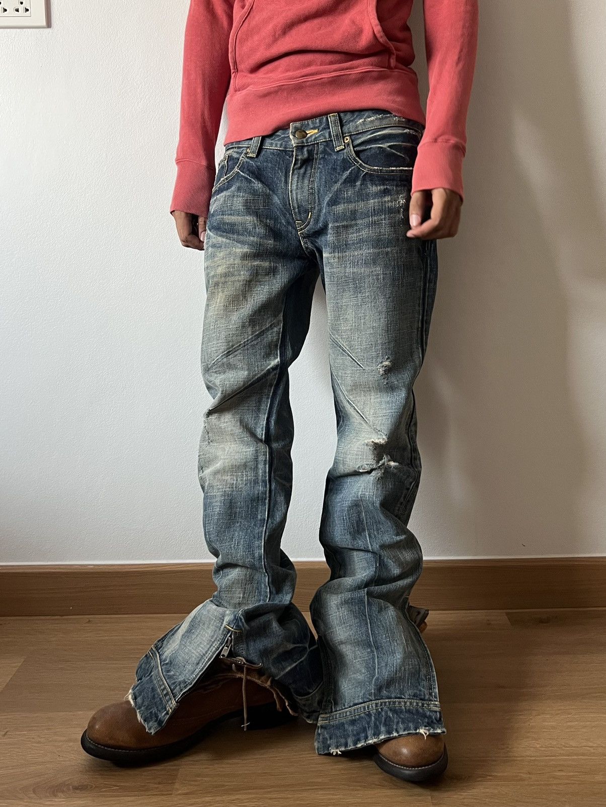 Japanese Brand RICO Japanese Archive Distressed Flare Denim Pant 