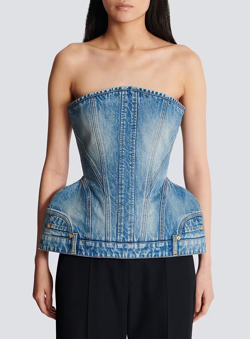 Balmain o1s1wg111225 Structured Denim Bustier in Blue Size M / US 6-8 / IT 42-44 - 4 Thumbnail