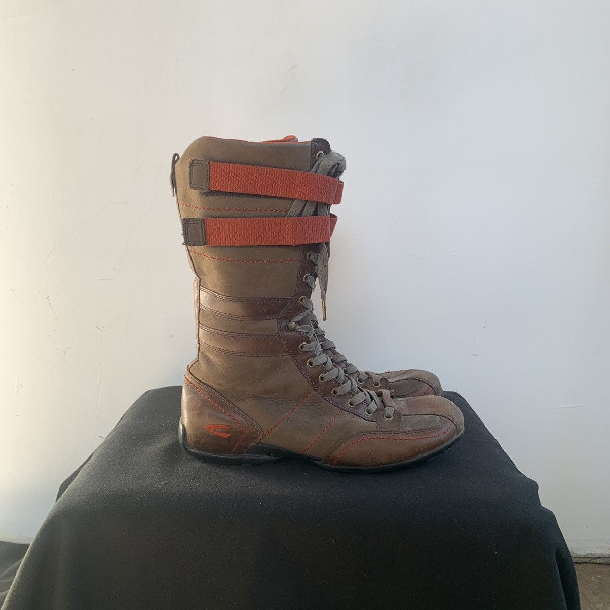 image of Vintage Camel Active Leather Boxing Moto High-Top Boots in Brown/Orange, Women's (Size 9)