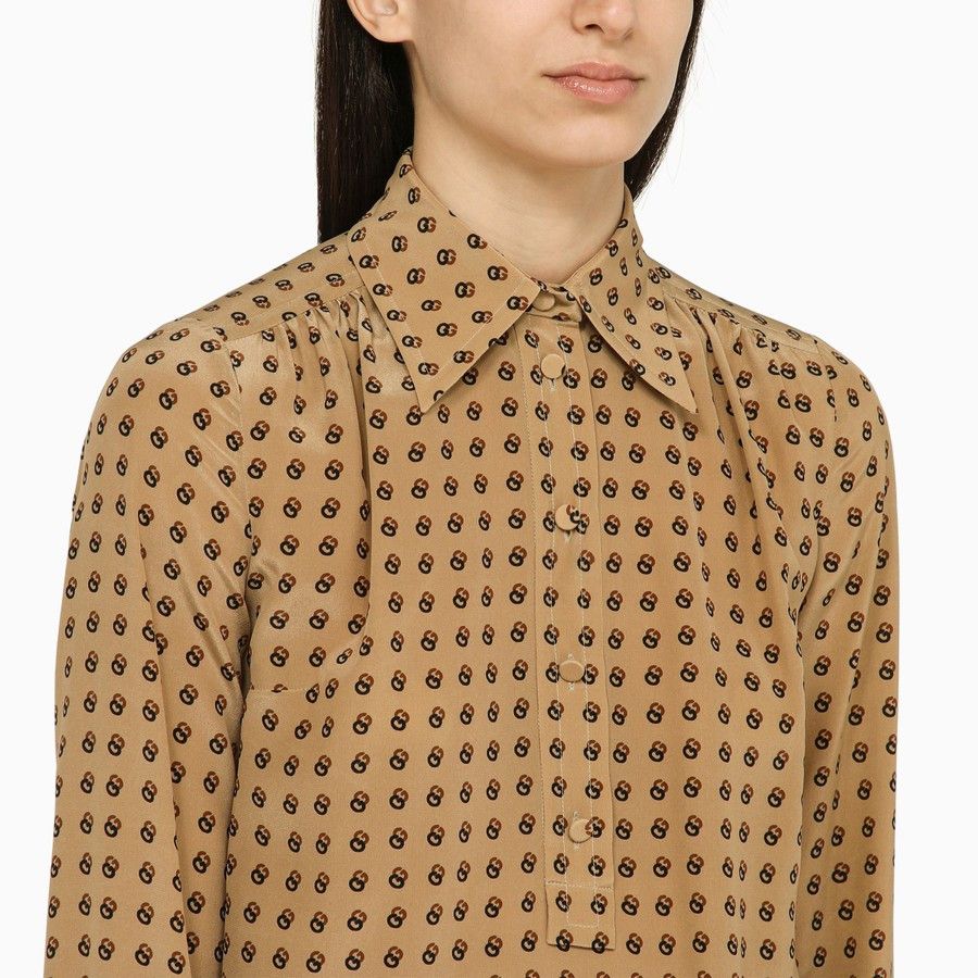 Gucci o1d2blof0824 Silk Shirt in Beige & Brown Size M / US 6-8 / IT 42-44 - 4 Thumbnail