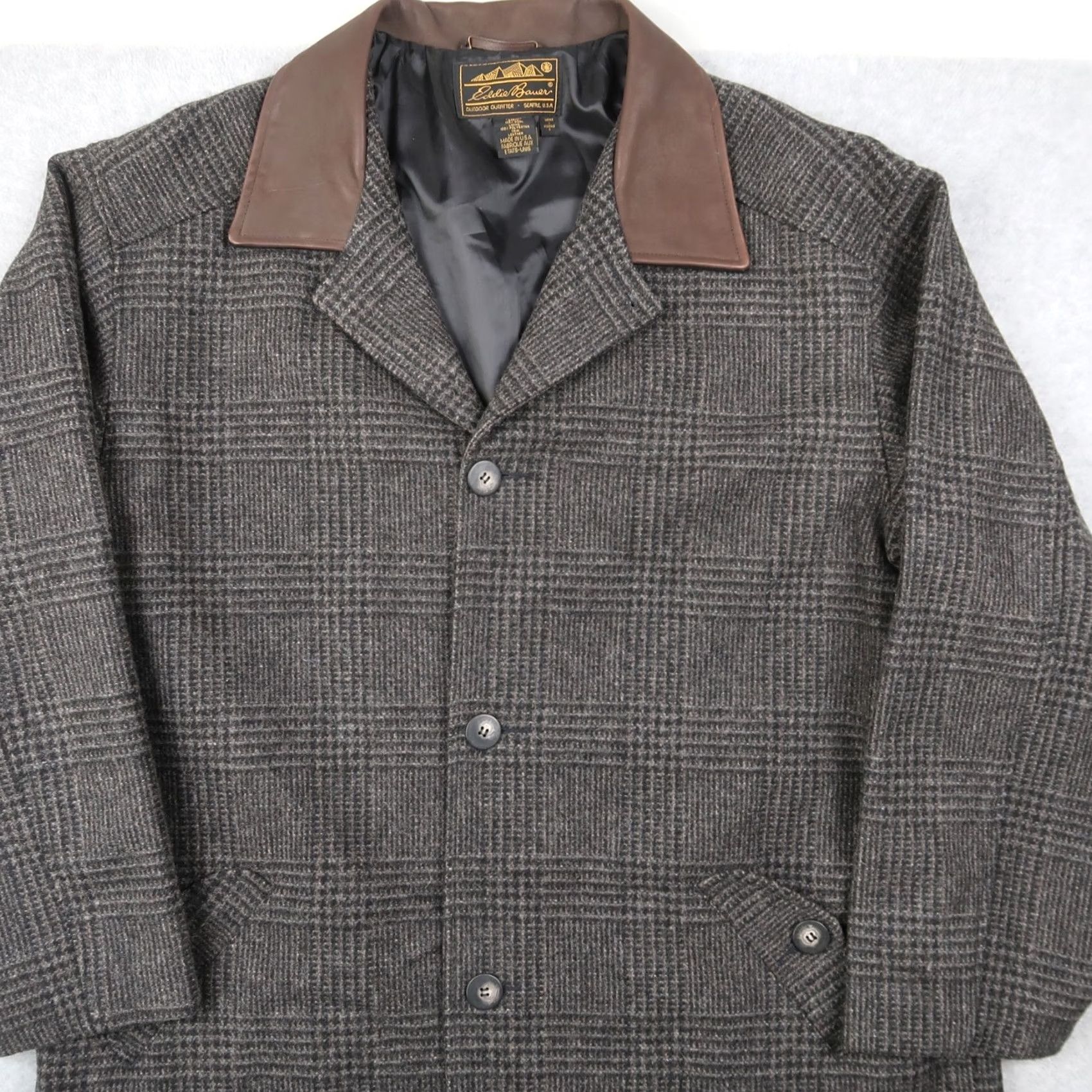 Eddie Bauer VTG Eddie Bauer Wool Tweed Glen Plaid Leather Collar Overcoat Trench Coat Mens L Size US L / EU 52-54 / 3 - 3 Thumbnail