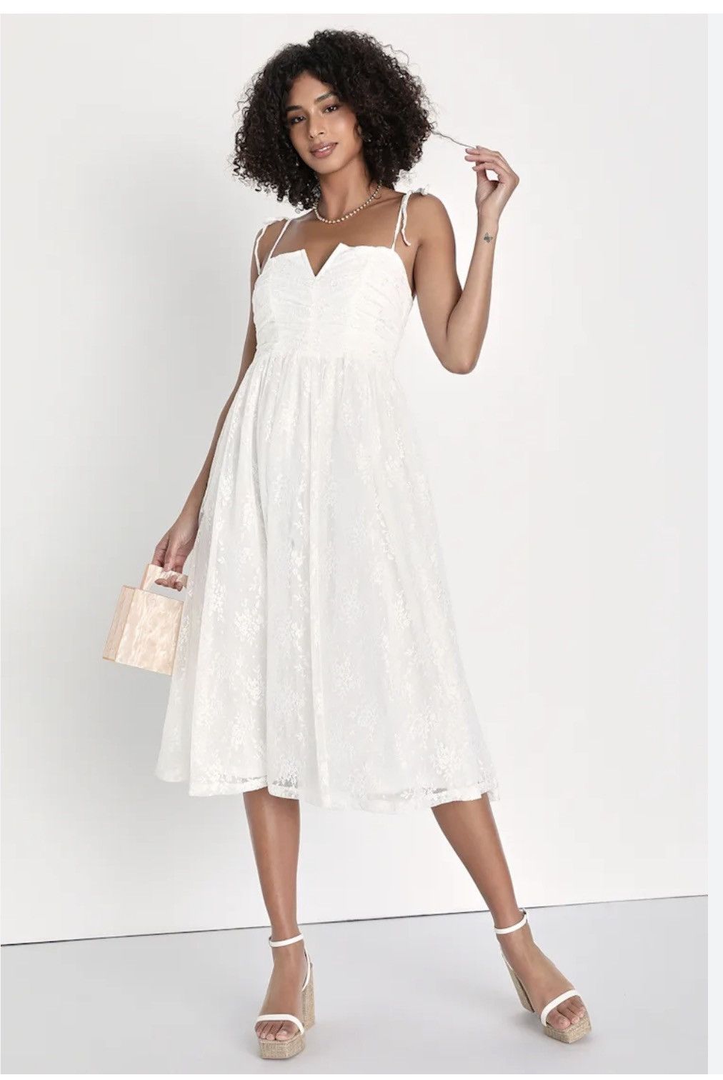 Lulus Lulus Sweetie White Lace Ruched Tie-Strap XS Midi Dress Size XS / US 0-2 / IT 36-38 - 1 Thumbnail