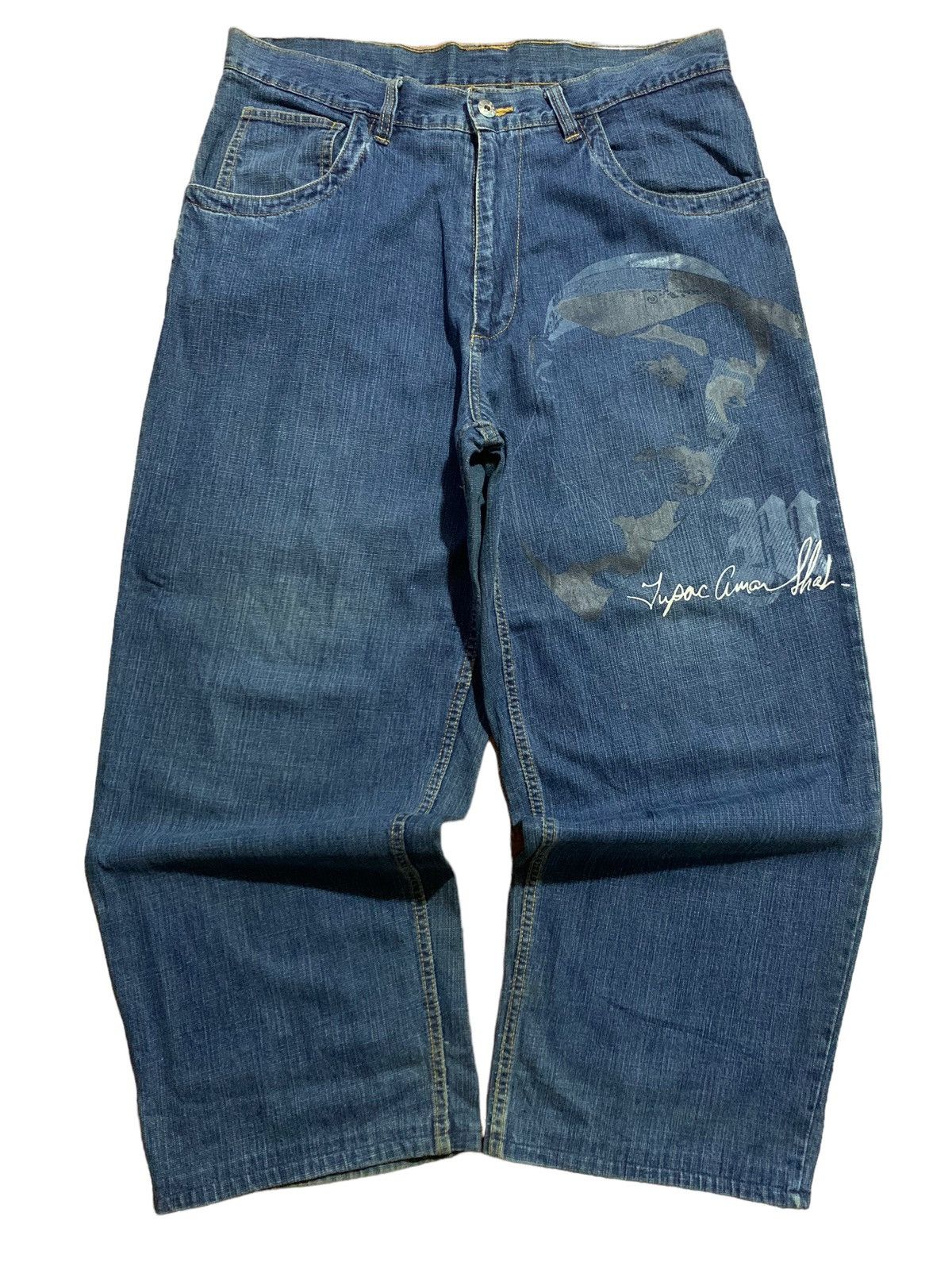 image of Jnco x Makaveli Vintage Makaveli 2Pac Baggy Wide Leg Denim Jeans in Blue, Men's (Size 36)