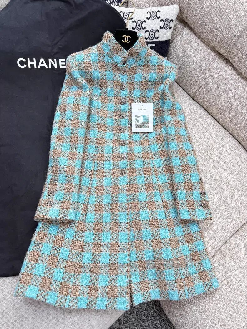 Chanel Chanel Brown plaid stand-up collar long coat Size XXS / US 00 / IT 34 - 2 Thumbnail