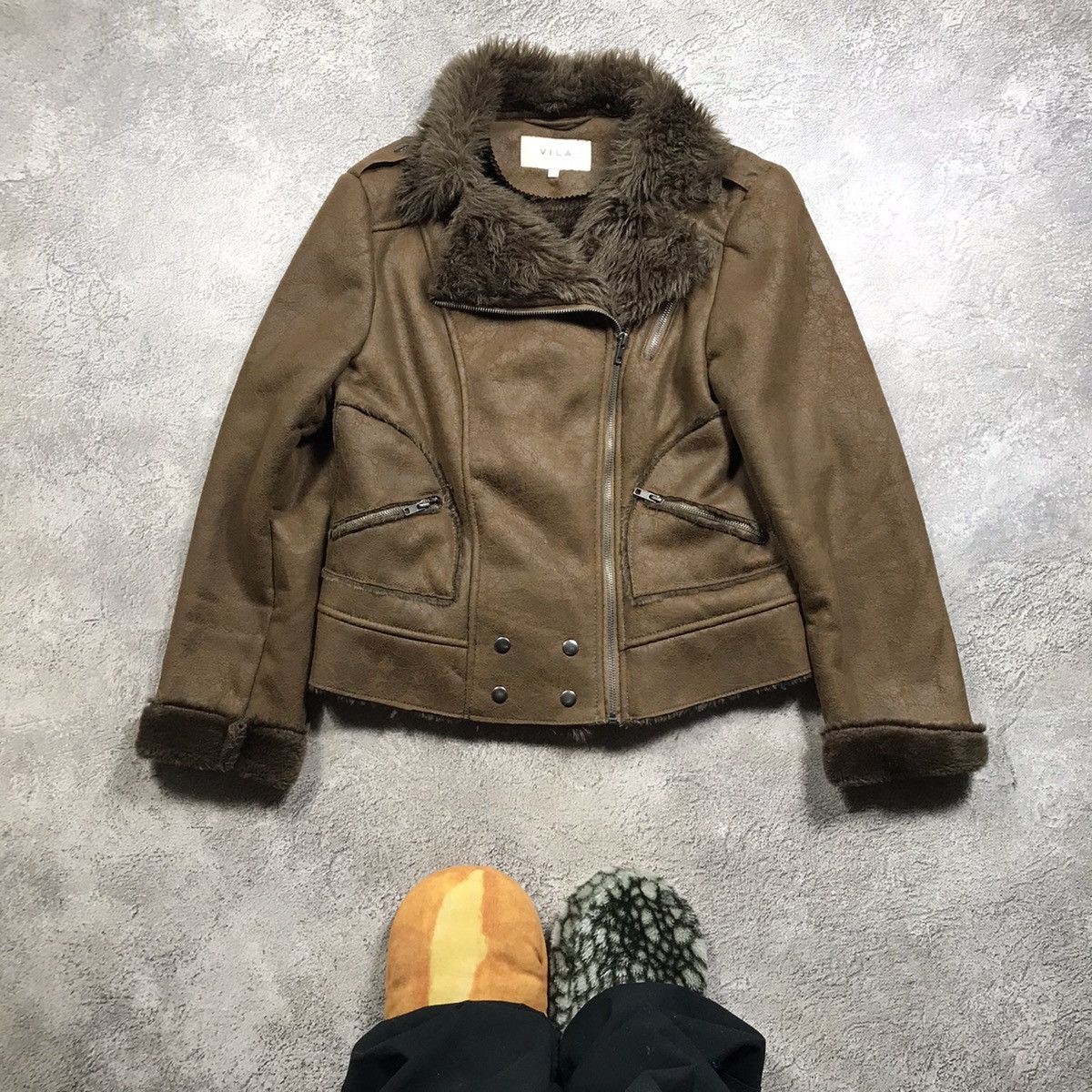 Vintage Vintage Y2K Suede Fur Collar Moto Jacket Gorpcore Tan Slim L Size L / US 10 / IT 46 - 1 Thumbnail