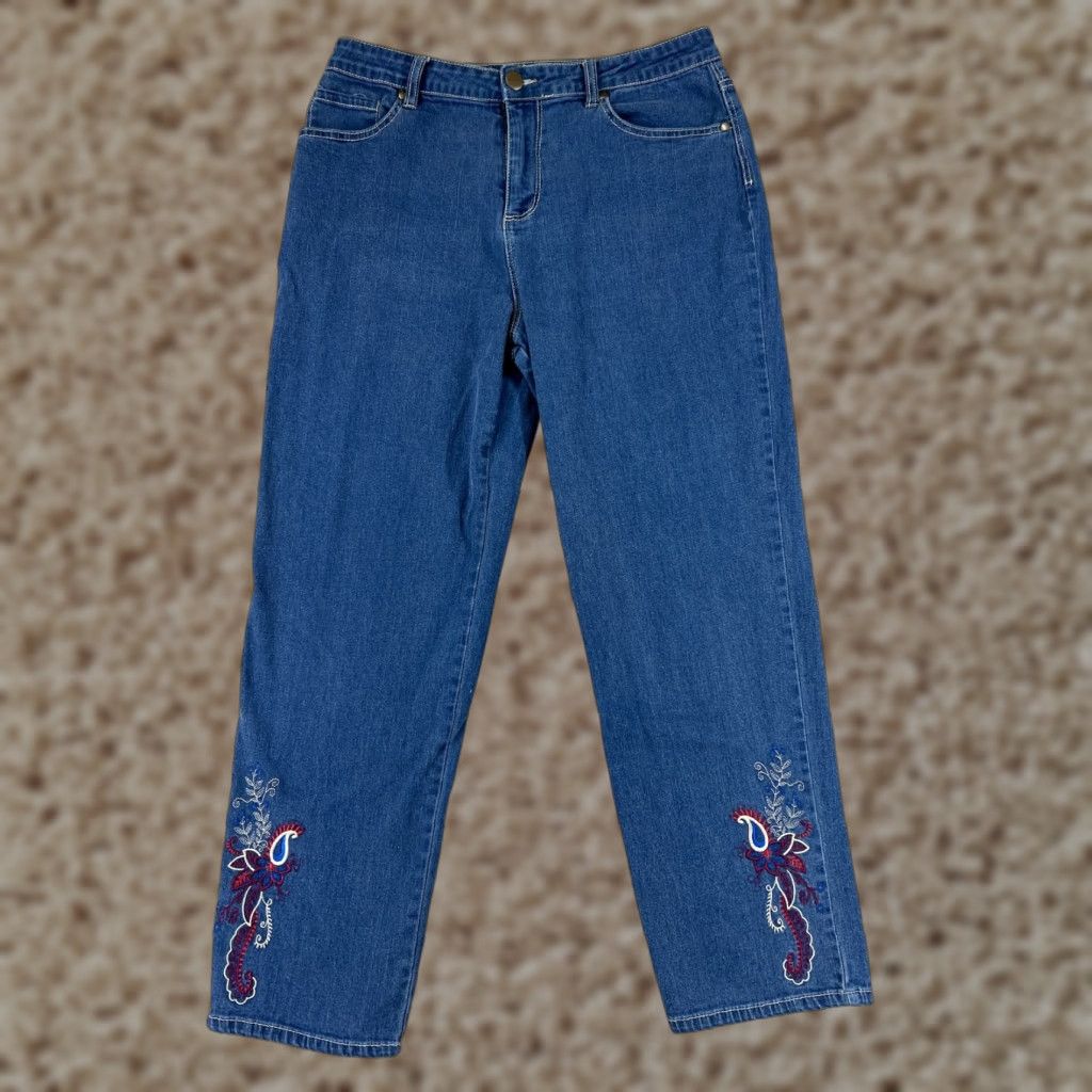 Denime Bedford Fair Jeans Women 10P Blue Denim Embroidered Paisley Floral Cotton Women Size 32" / US 10 / IT 46 - 1 Thumbnail