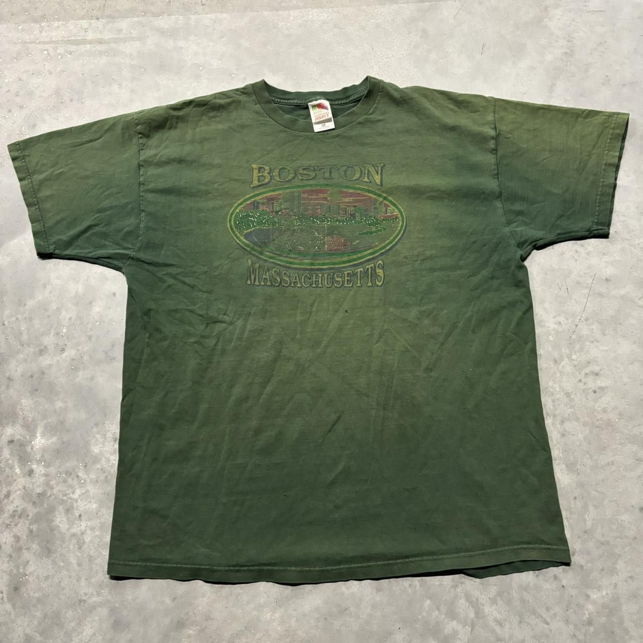 Japanese Brand × Vintage Crazy Vintage 90s Sunfaded Green Botson City Graphic Tee! Size US XXL / EU 58 / 5 - 1 Thumbnail