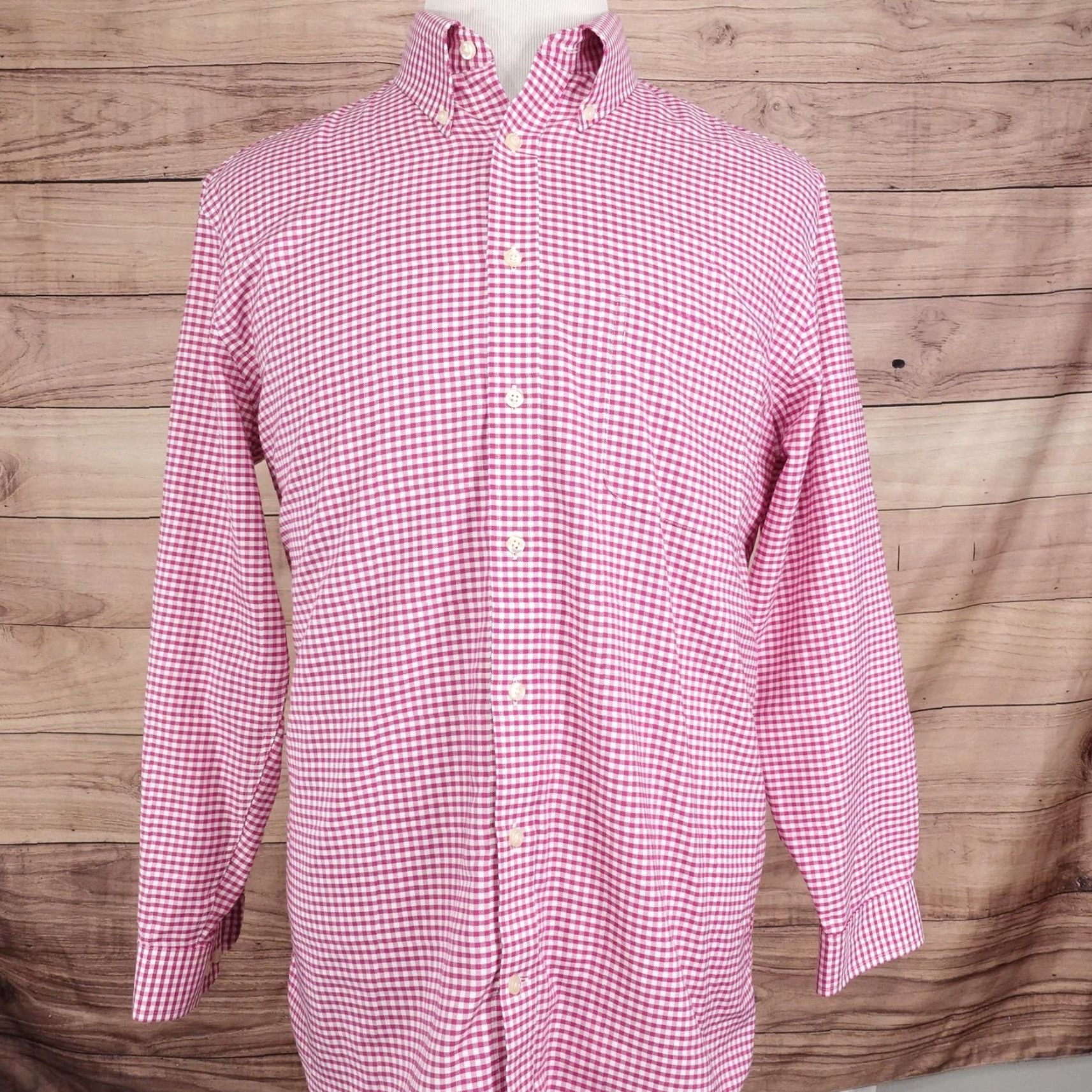 Stafford Stafford Dress Shirt Mens 16.5 32/33 Pink Gingham Slim Fit Wrinkle Free Oxford Button-Down Collar Size 46R - 3 Thumbnail