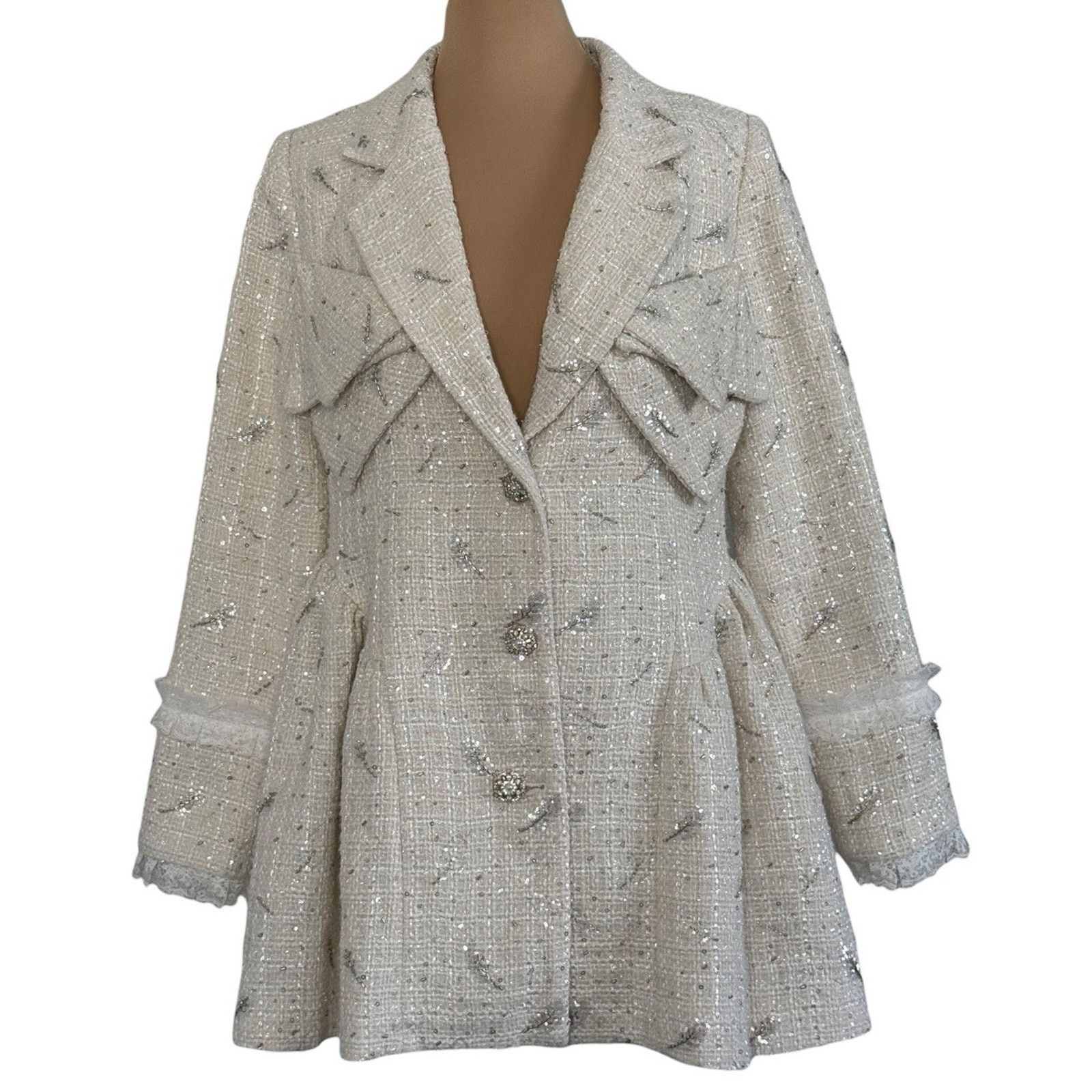 Other MARIE ELIE Ivory Tweed Bow Coat Lace Rhinestones Beaded Sz L Size L / US 10 / IT 46 - 3 Thumbnail