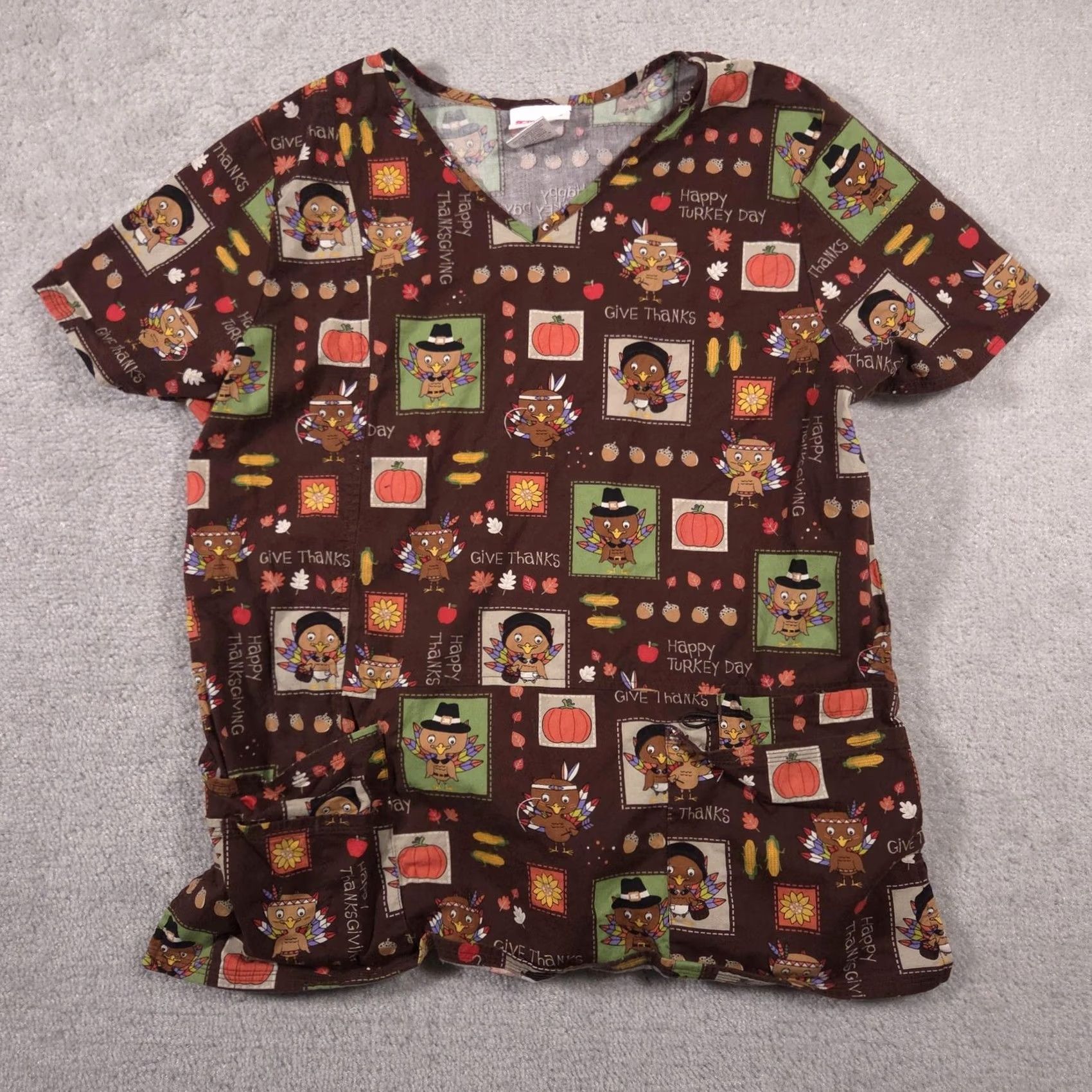 Vintage ScrubTop Womens Large Brown Thanksgiving Turkey Print Nursing Medical V-Neck Short Sleeve Pockets Tunic ScrubStar Size L / US 10 / IT 46 - 2 Thumbnail