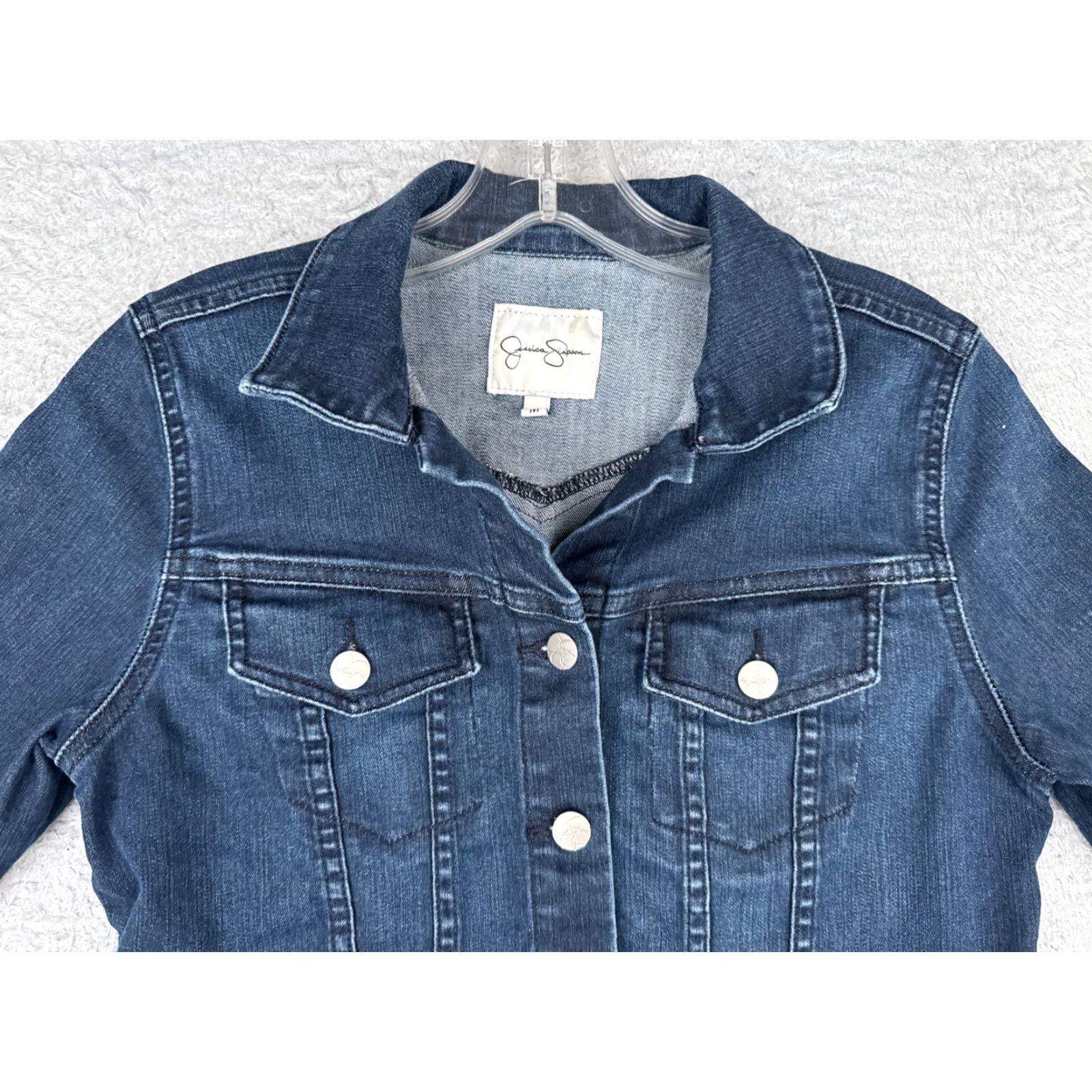 Jessica Simpson VINTAGE Jessica Simpson Jacket Womens Medium Blue Denim Jean Button Up Crop Cotton Blend Size 32" / US 10 / IT 46 - 4 Thumbnail
