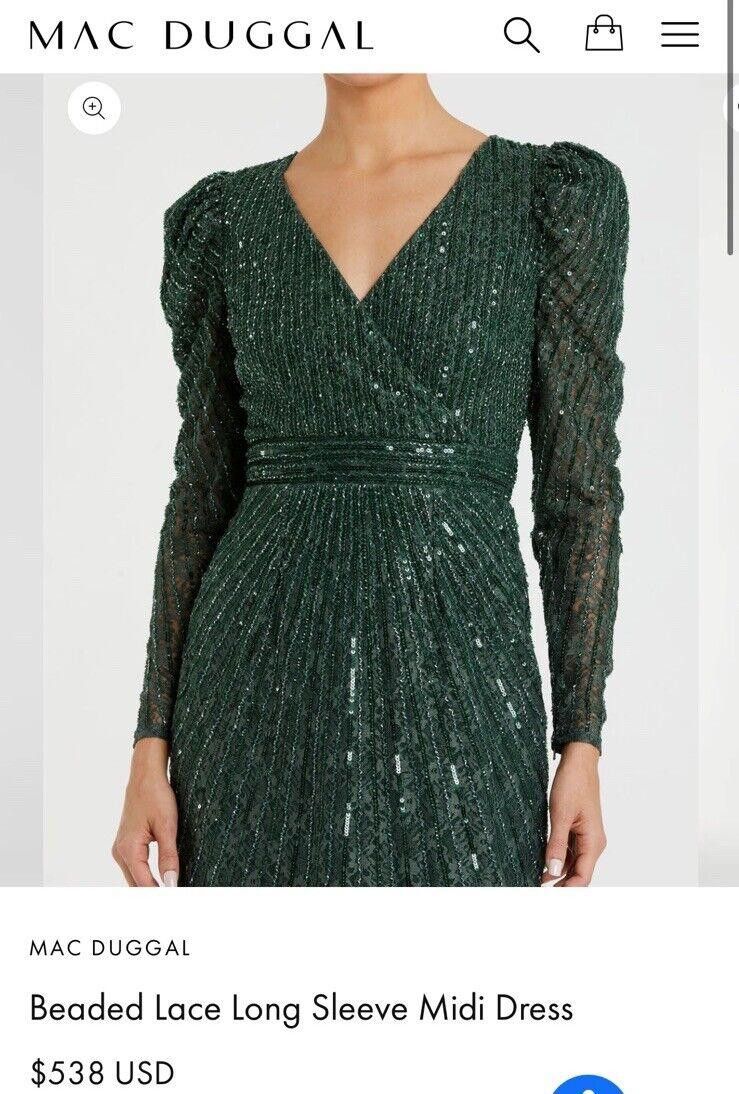 Designer NWT Mac Duggal Long Sleeve Beaded Lace Sequin Green Dress 4 Size S / US 4 / IT 40 - 4 Thumbnail