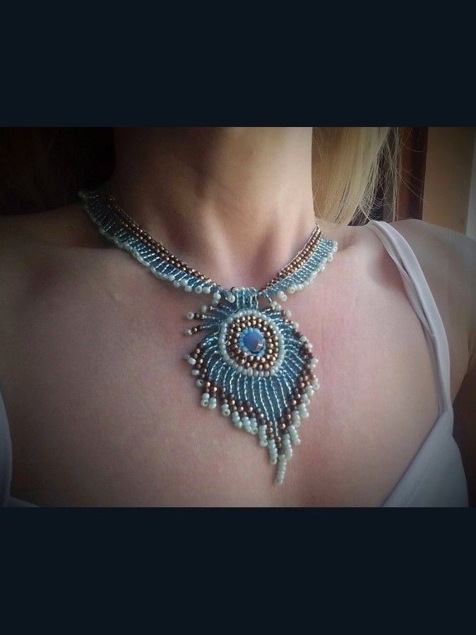 Handmade Necklace Peacock Feather Brass Metallic Glass Blue Crystal Size ONE SIZE - 3 Thumbnail