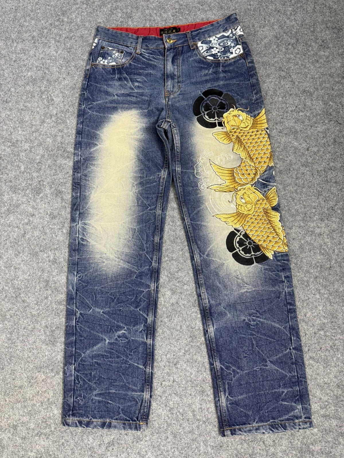 Karakuri Tamashii A4 Double Gold Koi Fish Embroidered Denim Size US 31 - 1 Thumbnail