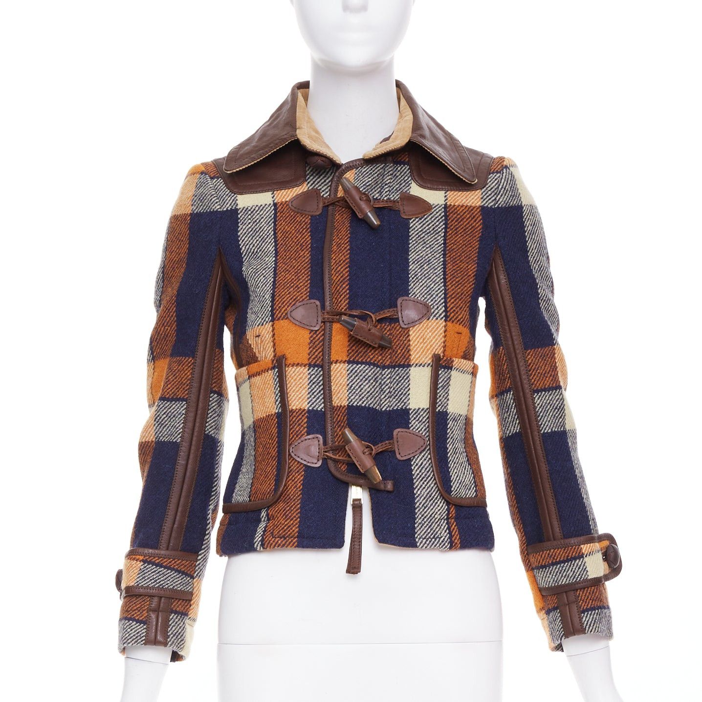 Dsquared2 DSQUARED2 2004 Runway brown navy plaid wool duffle Montgomery cropped jacket IT40 S Size S / US 4 / IT 40 - 1 Thumbnail