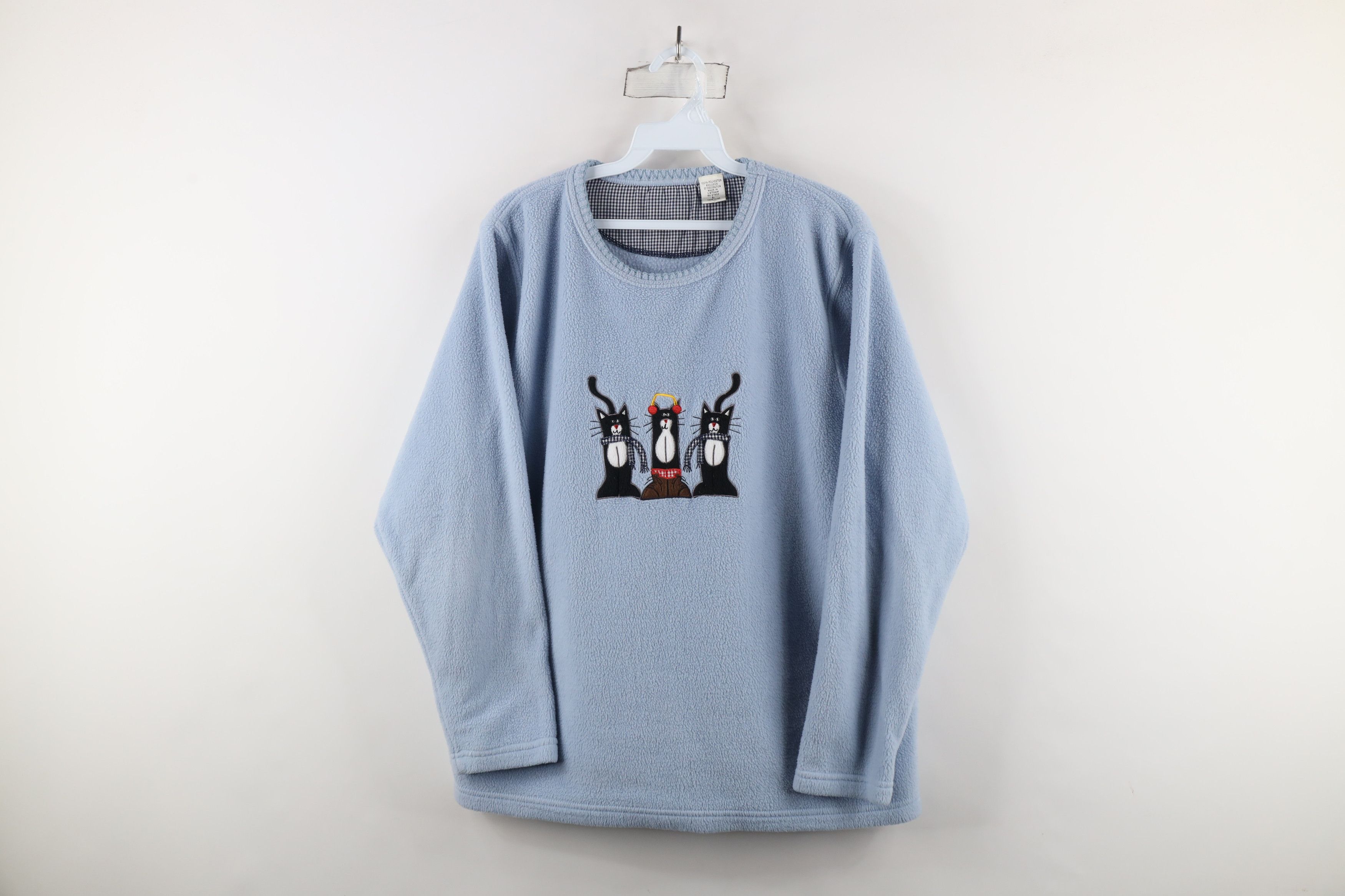 Vintage Vintage 90s Streetwear Winter Cat Kitten Fleece Sweater Blue Size L / US 10 / IT 46 - 1 Thumbnail