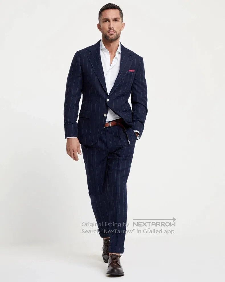 Brunello Cucinelli Brunello Cucinelli Men's Chalk Stripe Single Breasted Suit Size 50L - 8 Thumbnail
