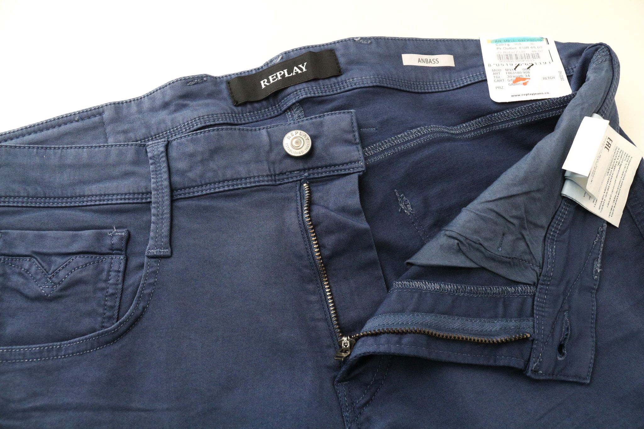 Replay ANBASS W30/L34 Slim Fit Blue Cotton Stretch Trousers 75375 Size US 30 / EU 46 - 3 Thumbnail