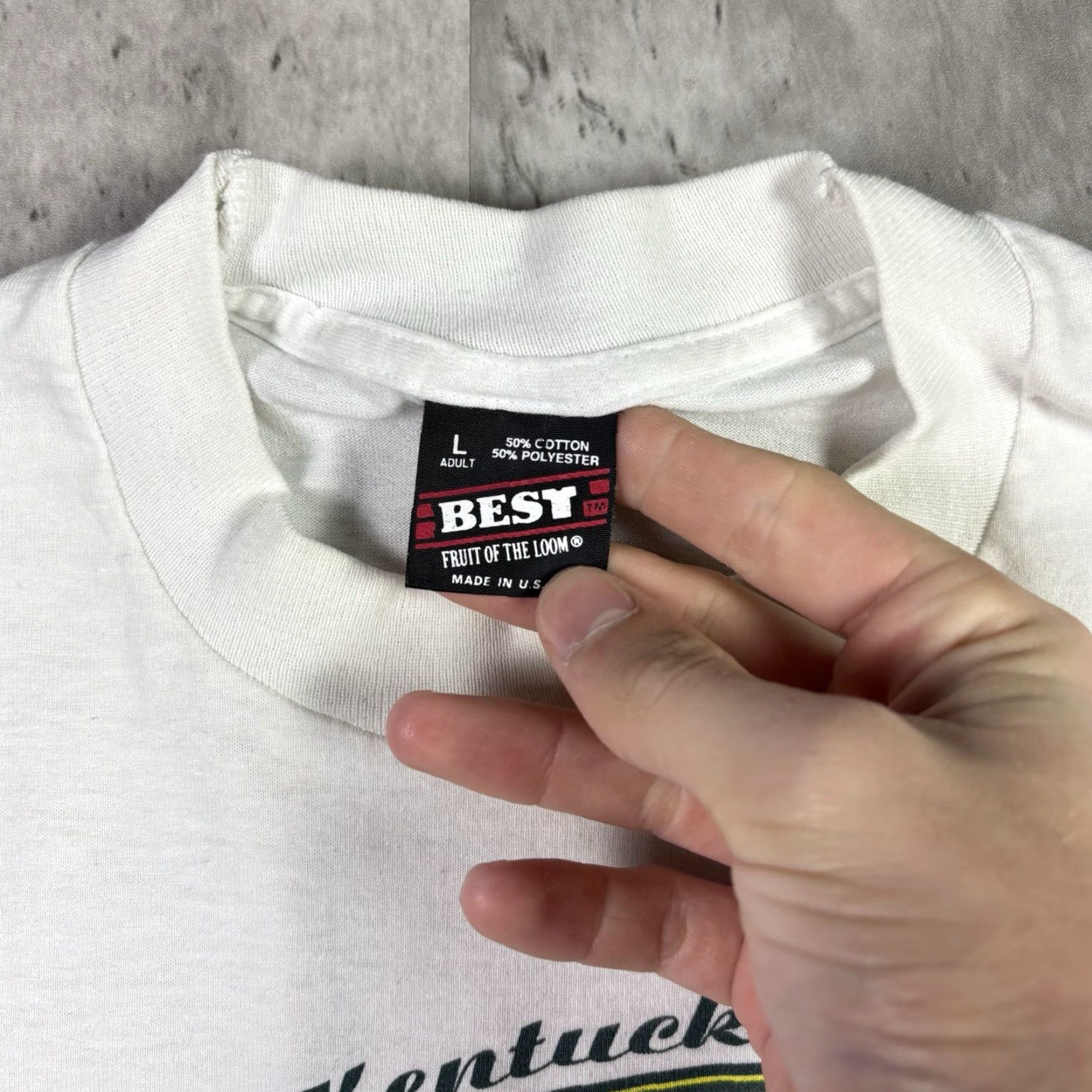 Fruit Of The Loom VINTAGE Kentucky Scottish Weekend T Shirt Promo Art Single Stitch L White 90s Fruit of the Loom Mens Size US L / EU 52-54 / 3 - 5 Thumbnail