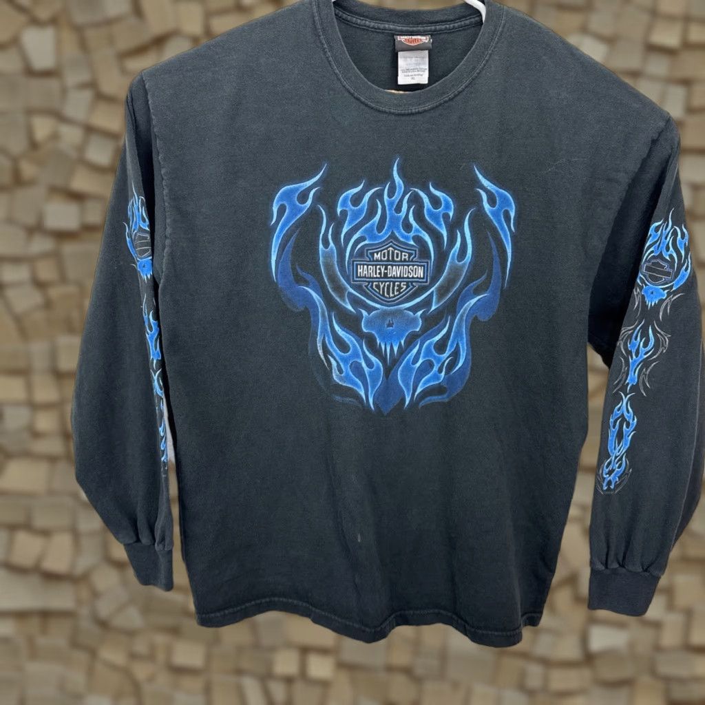 Harley Davidson VINTAGE 2004 Harley-Davidson Graphic Print Long Sleeve Shirt XL Blue Flames Biker 90s Mens Size US XL / EU 56 / 4 - 1 Thumbnail