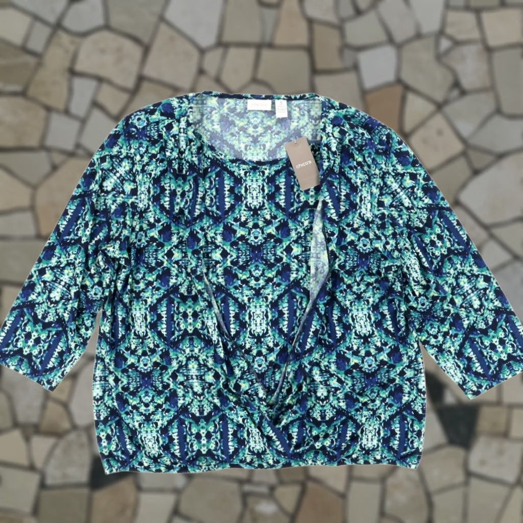 Vintage Chicos Shirt Sapphire Women's 3/4 Sleeve Pixel Geo Surplice Geometric Polyester Crew Neck Relaxed Fit XS-3/4 Sleeve Size XS / US 0-2 / IT 36-38 - 1 Thumbnail