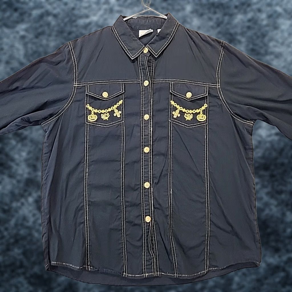 Vintage VINTAGE Styleworks Black Button-Up Cotton Blouse Gold Embellishments Womens Sz 16 Regular Fit Long Sleeve Rhinestone Cardigan not included? Size XXL / US 16-18 / IT 52-54 - 1 Thumbnail