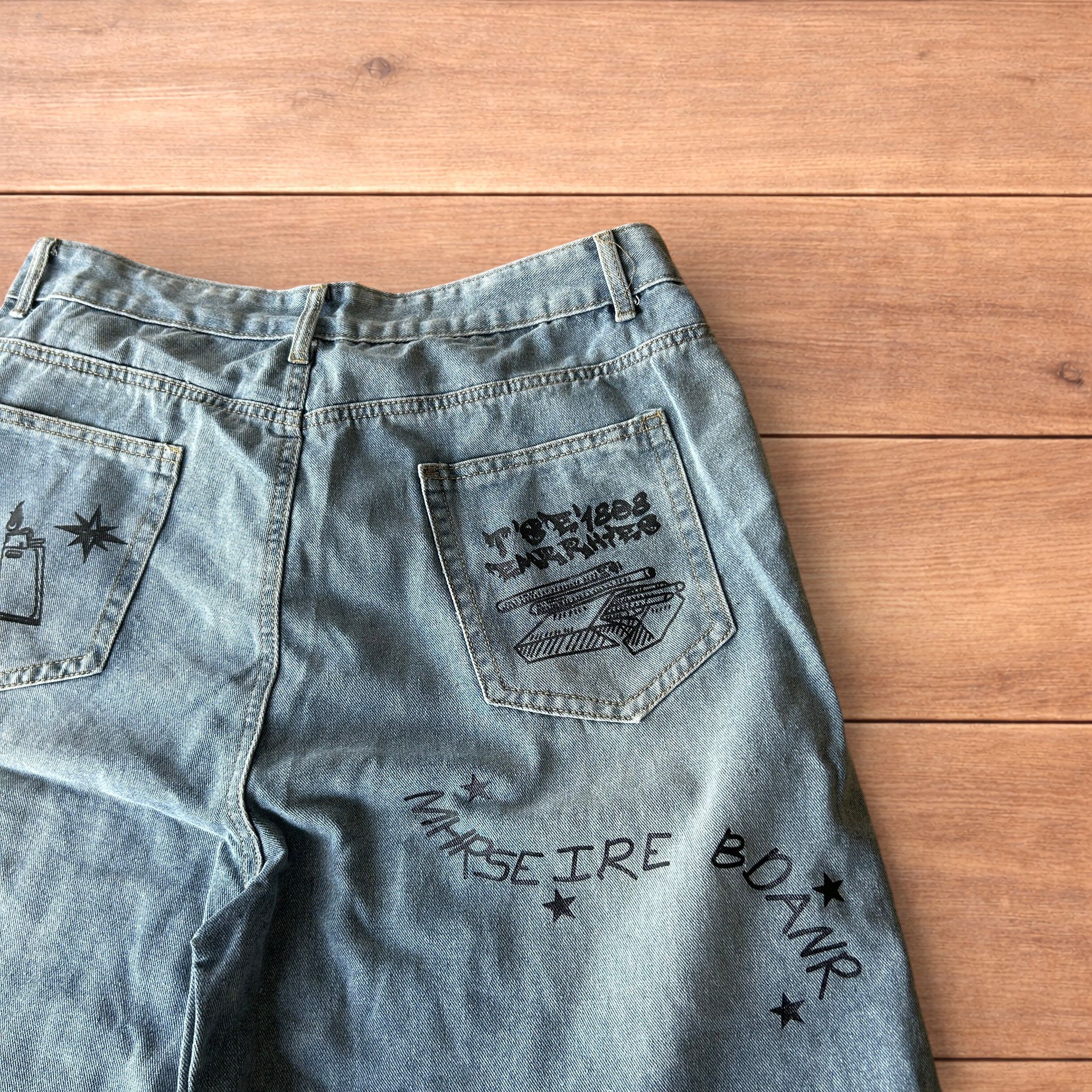 Japanese Brand Baggy wide leg denim shorts jorts with graphic in blue. Size US 36 / EU 52 - 3 Thumbnail