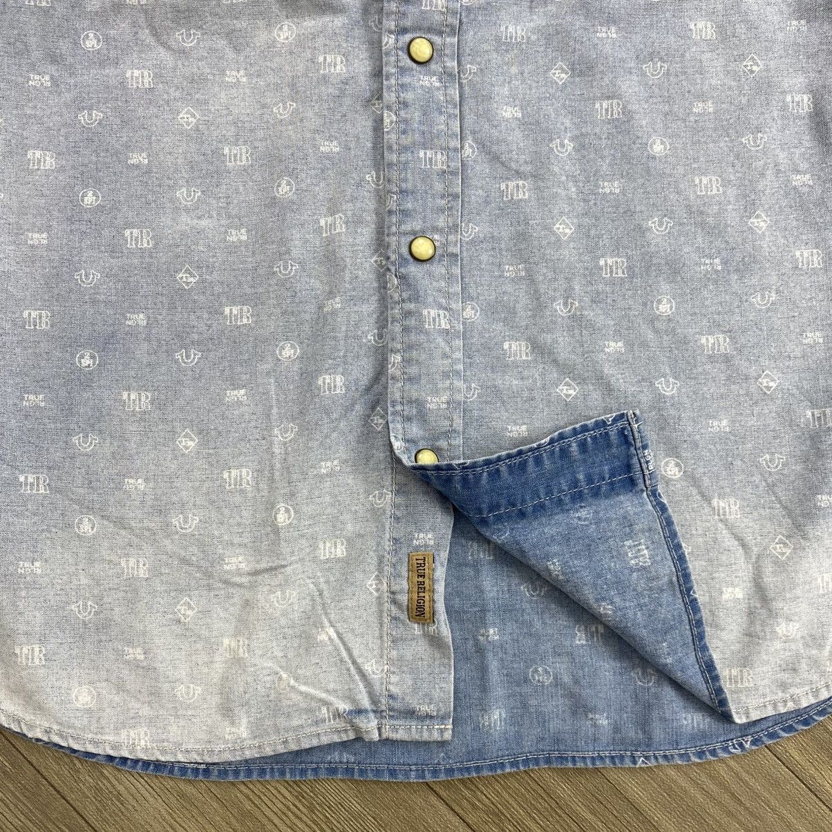 Japanese Brand Vintage True Religion Monogram Print Logo Faded Denim Shirt Size US M / EU 48-50 / 2 - 6 Thumbnail