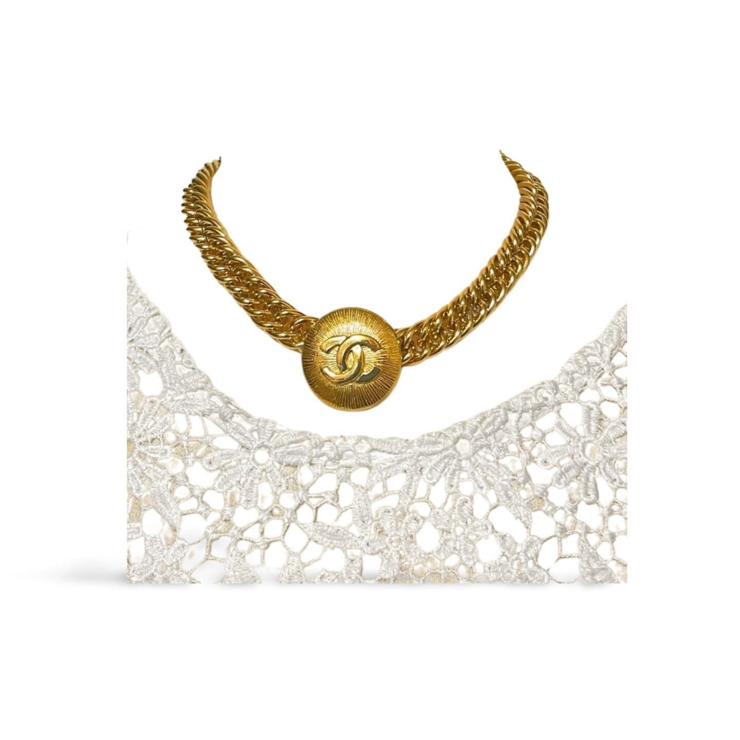 image of Vintage Chanel Golden Chain Necklace With Cc Sunburst, Women's