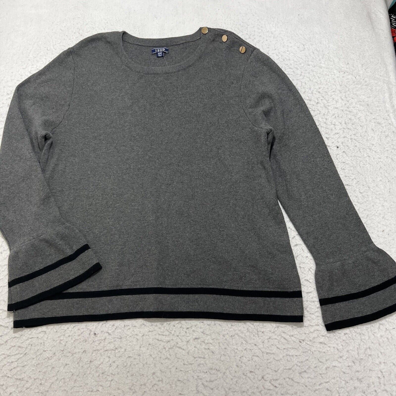 Izod IZOD Bell Sleeve Crewneck Pullover Sweater Gray Black Stripe Size XS / US 0-2 / IT 36-38 - 1 Thumbnail