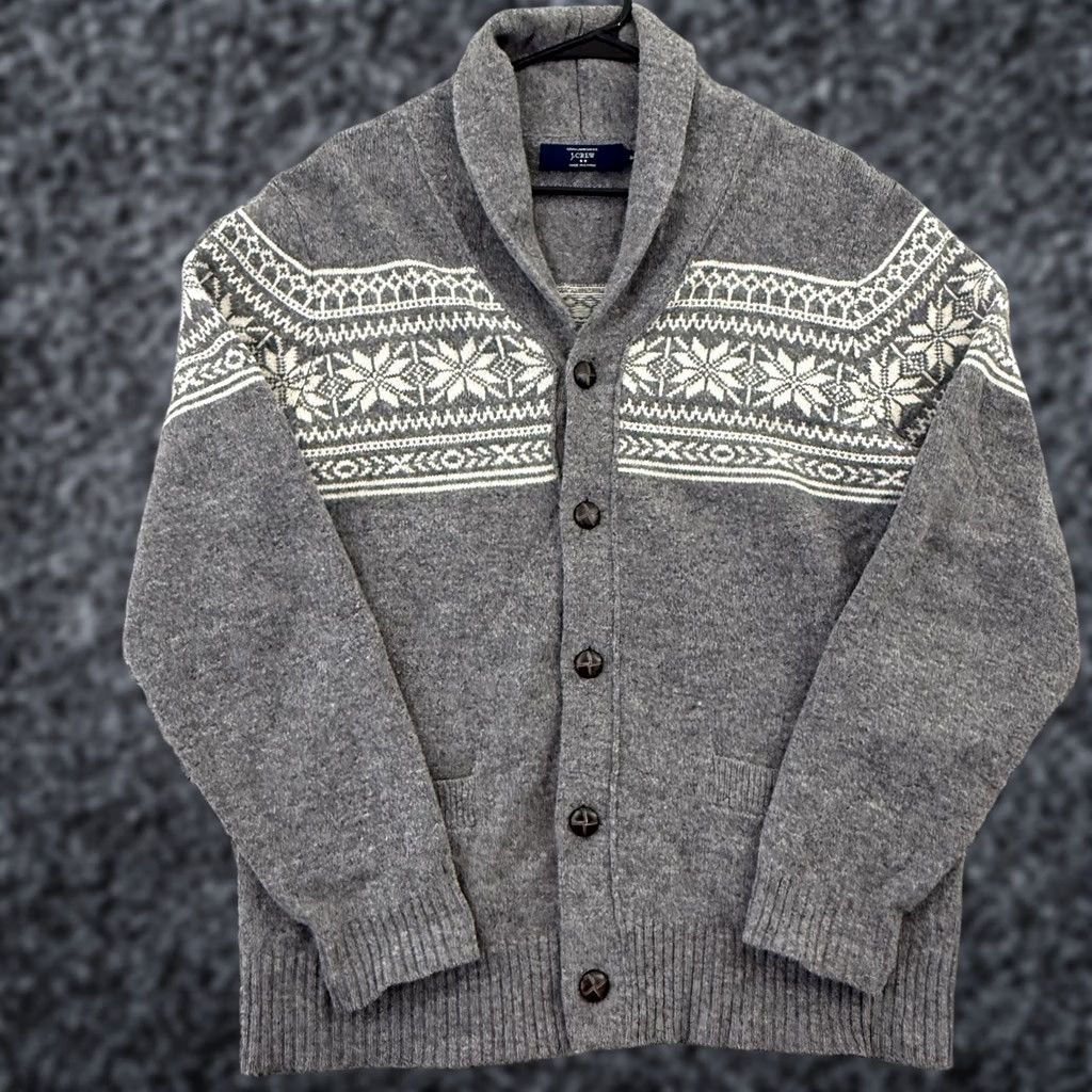 J.Crew J.CREW Cardigan Sweater Mens M Gray Shawl Collar Lambswool Fair Isle Nordic Wool Knit Button Pockets Size US M / EU 48-50 / 2 - 1 Thumbnail