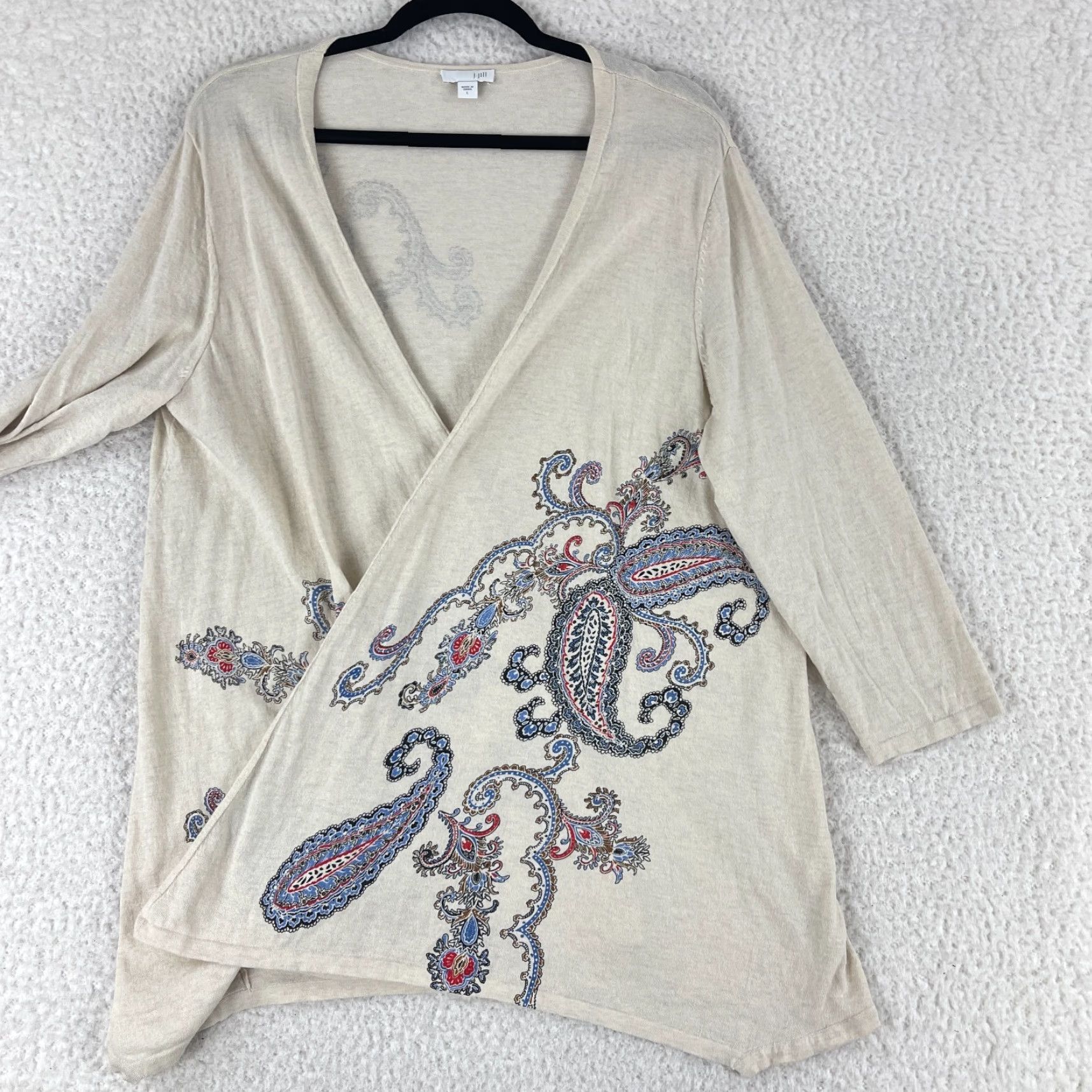 J. Jill J. Jill Cardigan Sweater Womens Large Ivory Paisley Print 3/4 Sleeve Cotton Knit Size L / US 10 / IT 46 - 2 Thumbnail