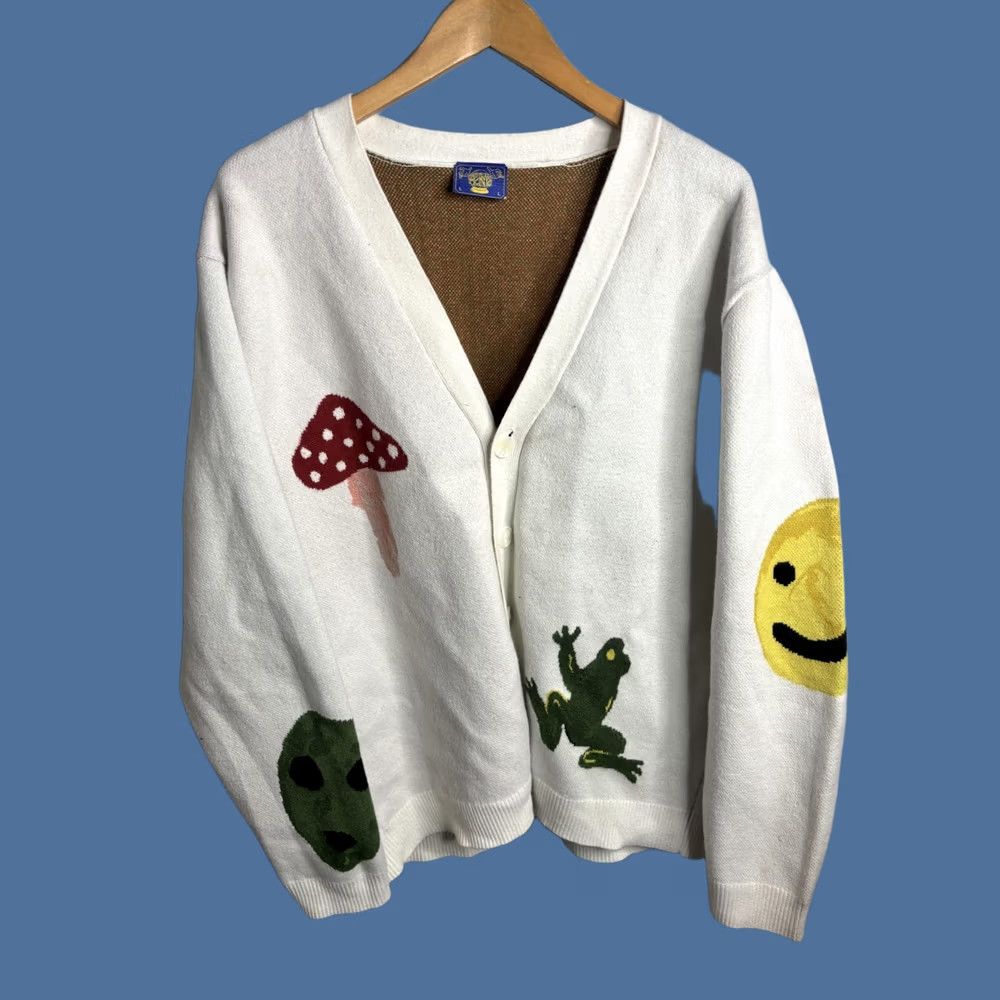 Vintage Coney Island Picnic Mens Cardigan Sweater L White Graphic Frog Mushroom Size US L / EU 52-54 / 3 - 1 Thumbnail