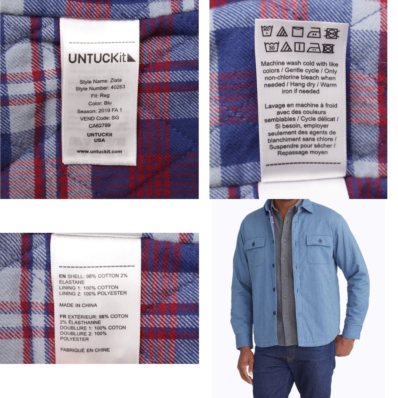 UNTUCKit UNTUCKit Mens Ziata Flannel Lined Button Up Jacket/Overshirt Shacket Blue XL Shirt Mens XL Blue Quilted/Heavyweight Casual Fall/Winter Denim? Size US XL / EU 56 / 4 - 8 Thumbnail