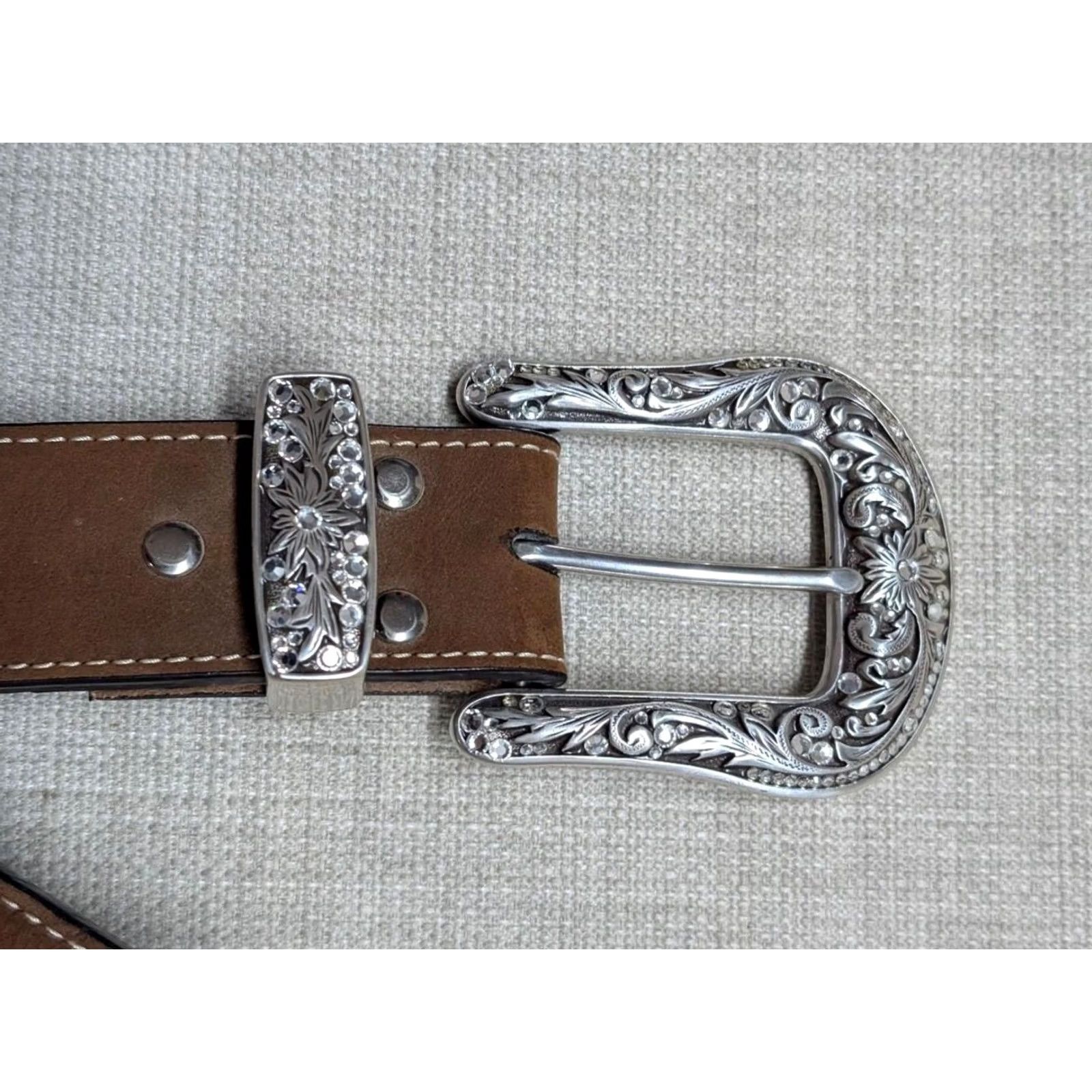 Vintage VINTAGE Nocona belt western buckle belt 38 brown leather embroidered rhinestone crocodile pattern Unisex Adults Belt Men Women Size 38 - 5 Thumbnail