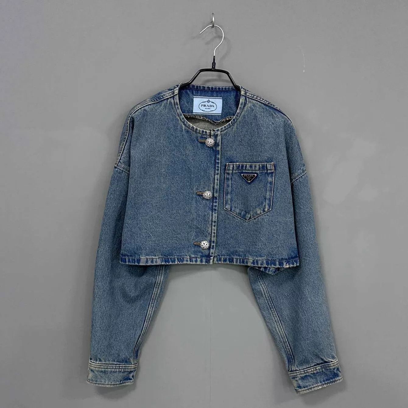 Prada PRADA Washed Blue Denim Jacket Triangle Crystal Logo Size XS / US 0-2 / IT 36-38 - 1 Thumbnail