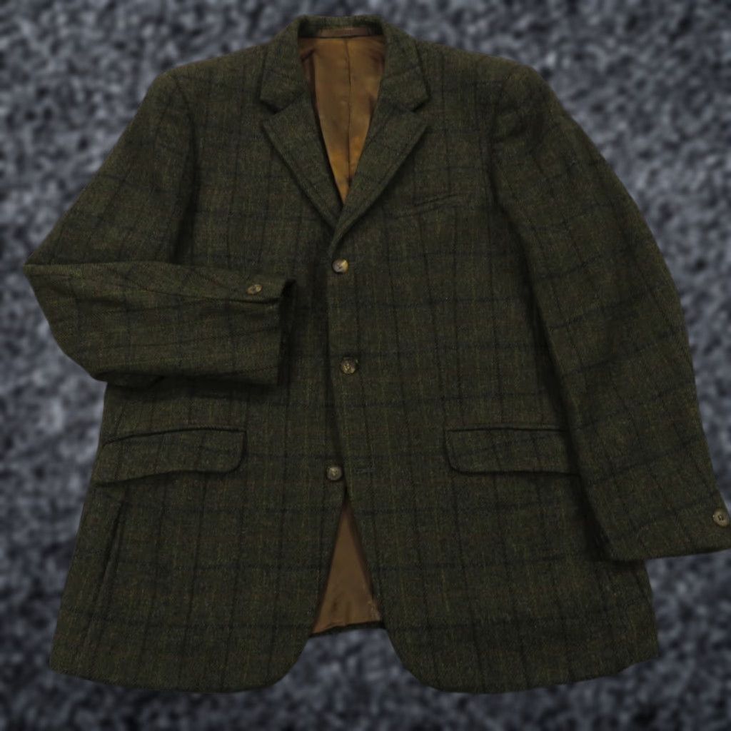 Olive VINTAGE Roberts of Selkirk Sport Coat 44R Olive Green Wool Plaid Scottish Tweed Blazer Mens Jacket Cardigan? Size 44R - 1 Thumbnail