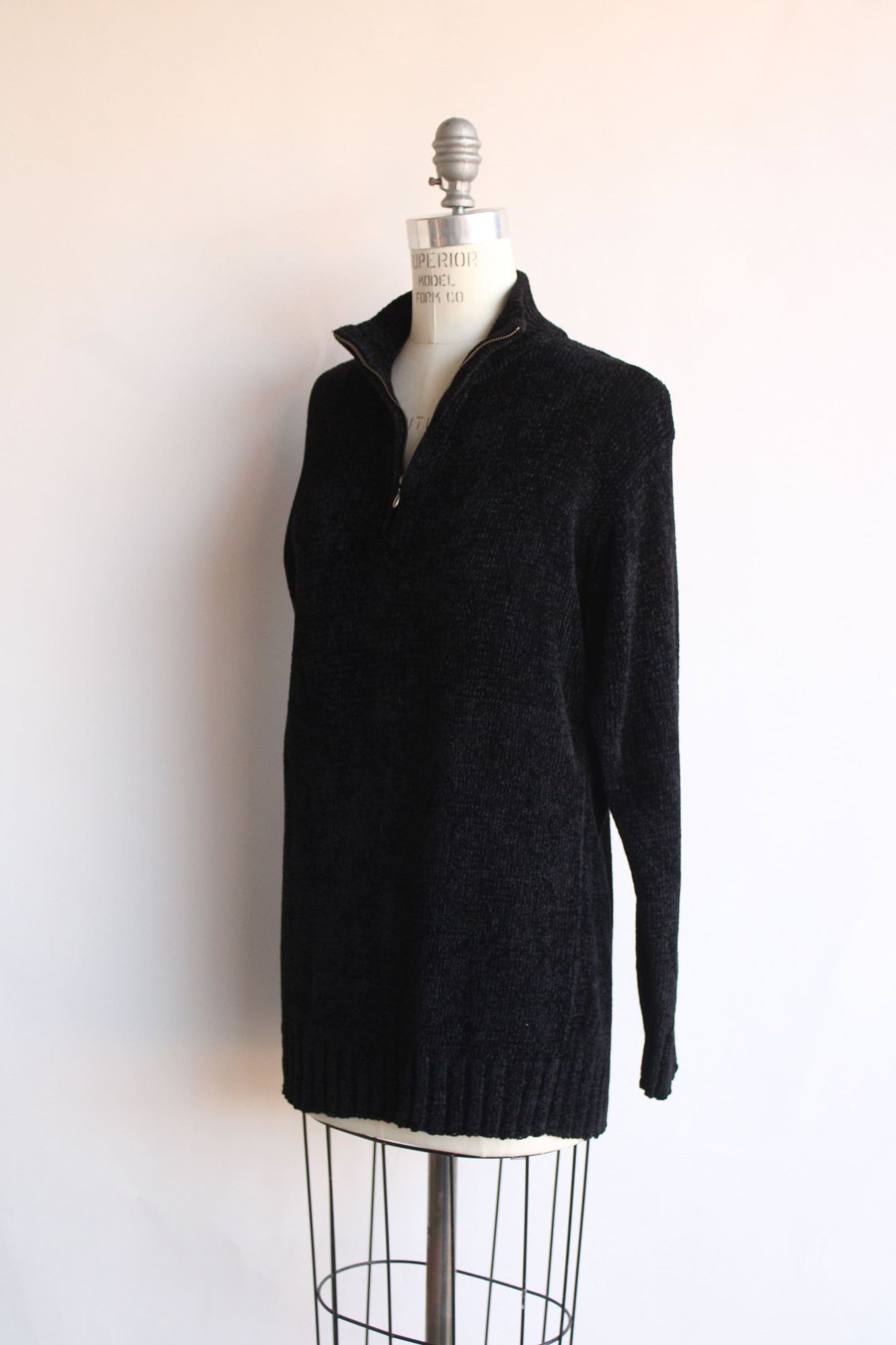 Vintage Vintage 1990s 2000s Sweater, Black Chenille Zipper Mock Neck Size L / US 10 / IT 46 - 6 Thumbnail