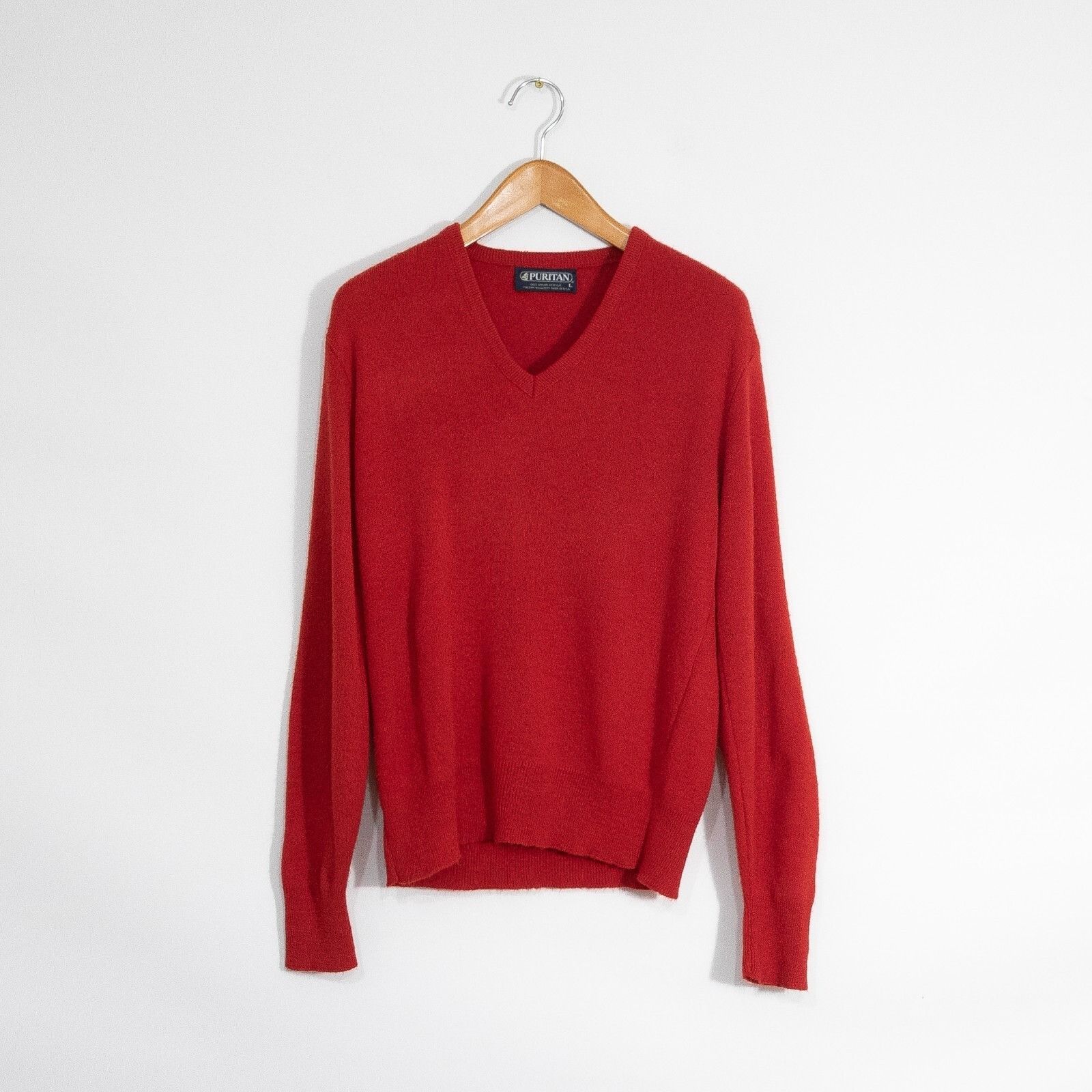 Puritan × Vintage Vintage Puritan V Neck Acrylic Sweater Large Red Distressed Size US L / EU 52-54 / 3 - 1 Thumbnail
