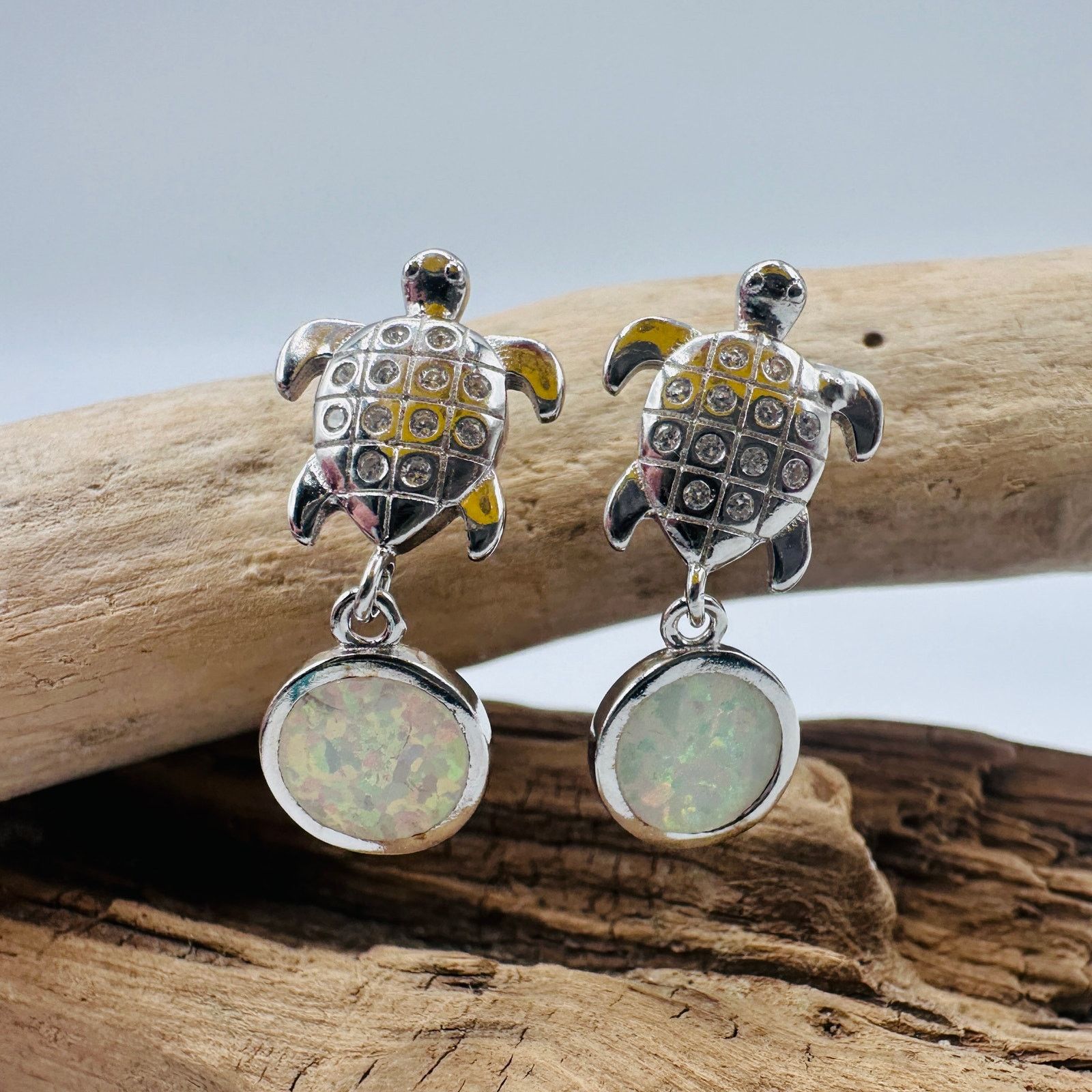 The Unbranded Brand Sterling Silver White Opal Sea & White Topaz Turtle Earrings Size ONE SIZE - 5 Thumbnail