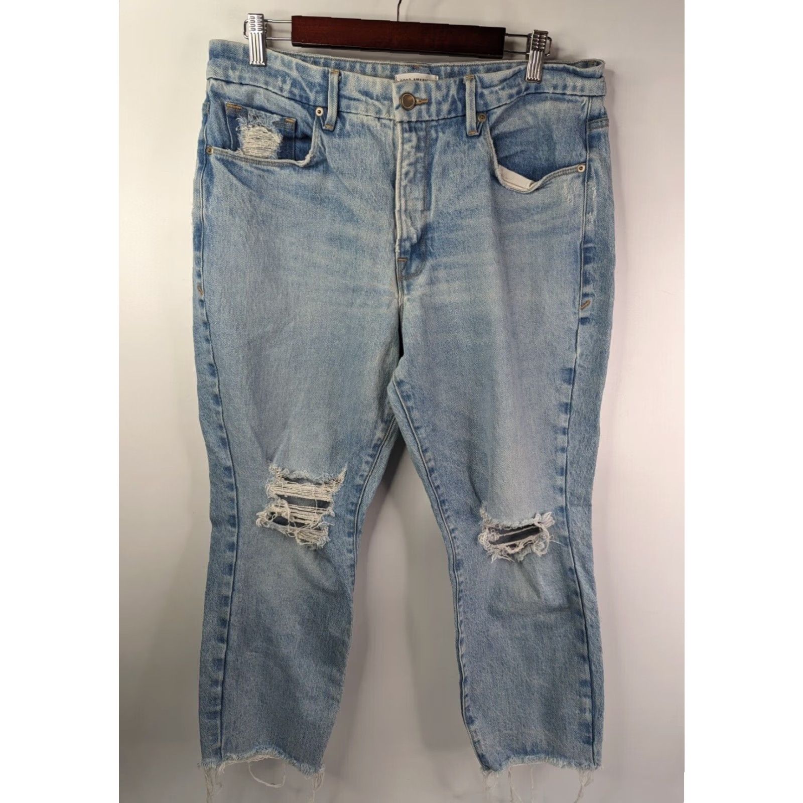 Good American GOOD AMERICAN Jeans Distressed 14/32 Blue 5-Pocket Design Zip Regular Plus Size Women Skinny Cap 637 Raw Hem Size 36" / US 14 / IT 50 - 2 Thumbnail