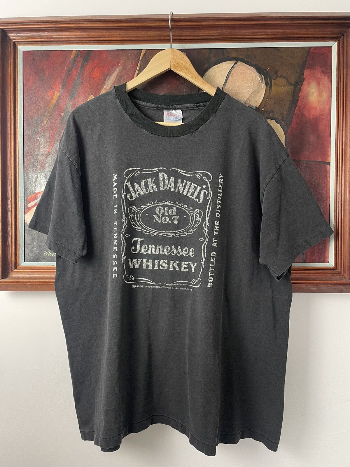 image of Avant Garde x Vintage 90's Jack Daniels Tee Whiskey Washed Distressed in Black, Men's (Size XL)