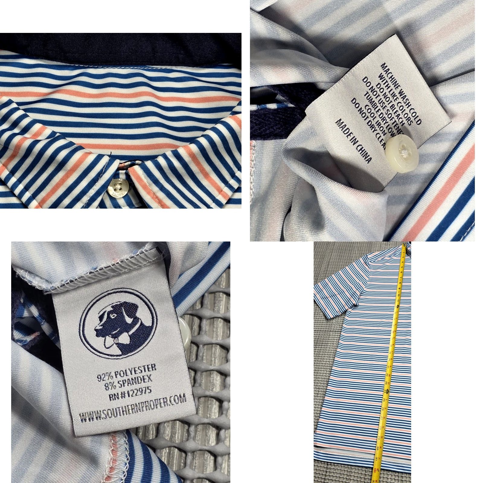 Southern Proper Southern Proper Polo Shirt Mens M Blue Multi Stripe Performance Moisture Wicking Lightweight Short Sleeve Button Logo Size US M / EU 48-50 / 2 - 8 Thumbnail