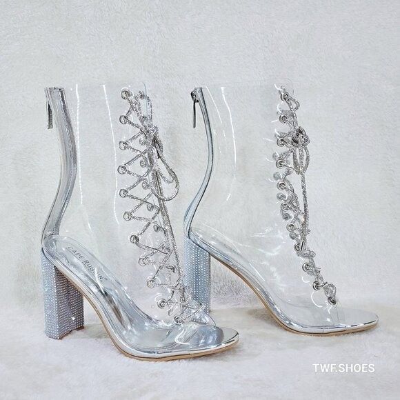 Other See Me Silver Rhinestone Laces Heels Clear Upper Open Toe An Size US 9 / IT 39 - 5 Thumbnail