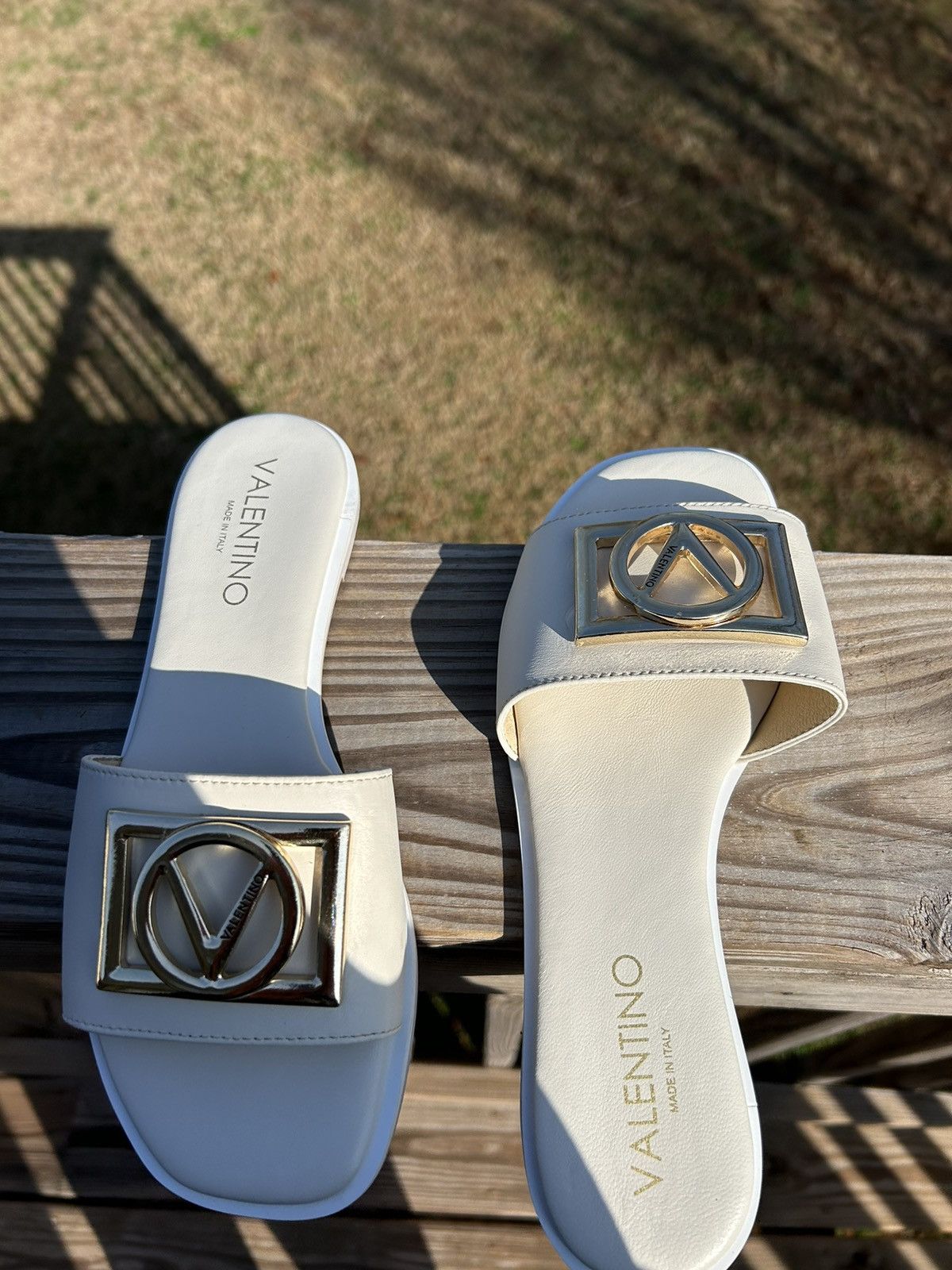 Valentino White Slide Sandals with Gold Logo