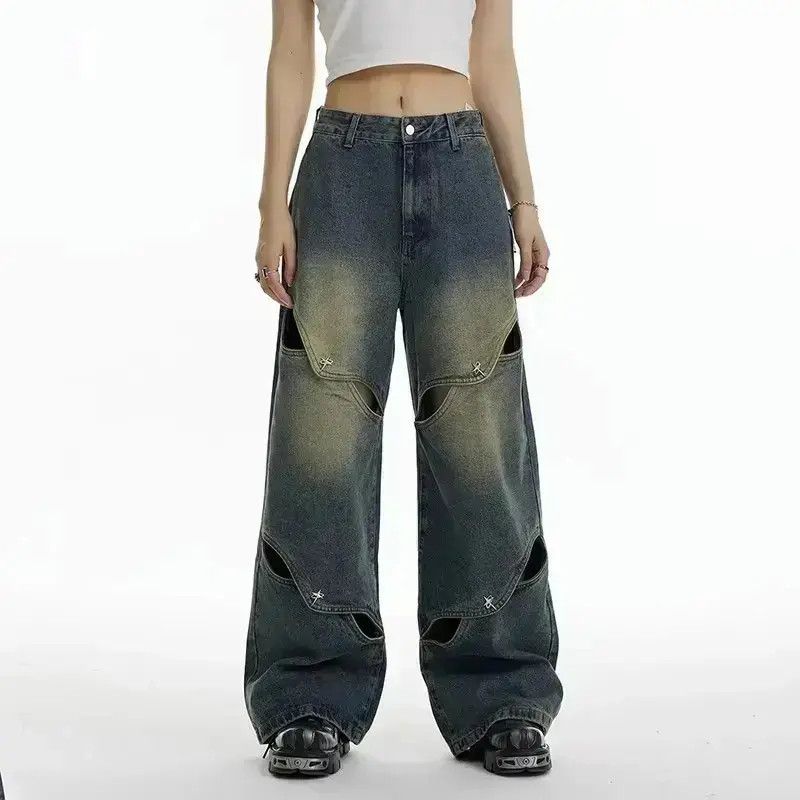 Japanese Brand Spliced washed wide leg distressed jeans Size US 32 / EU 48 - 1 Thumbnail