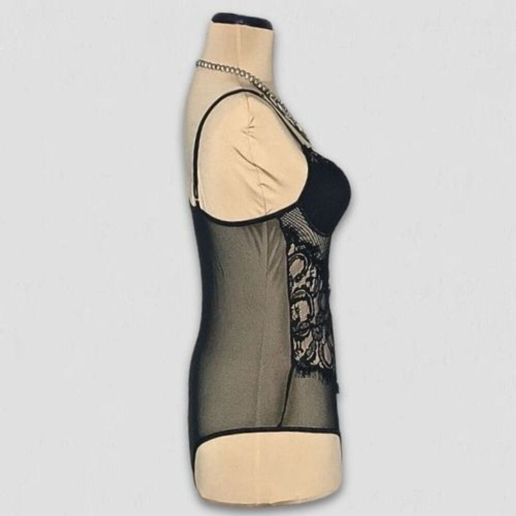 Vintage Y2K Bustier Bodysuit Lace Sheer Mesh Floral Black sz S Size ONE SIZE - 4 Thumbnail